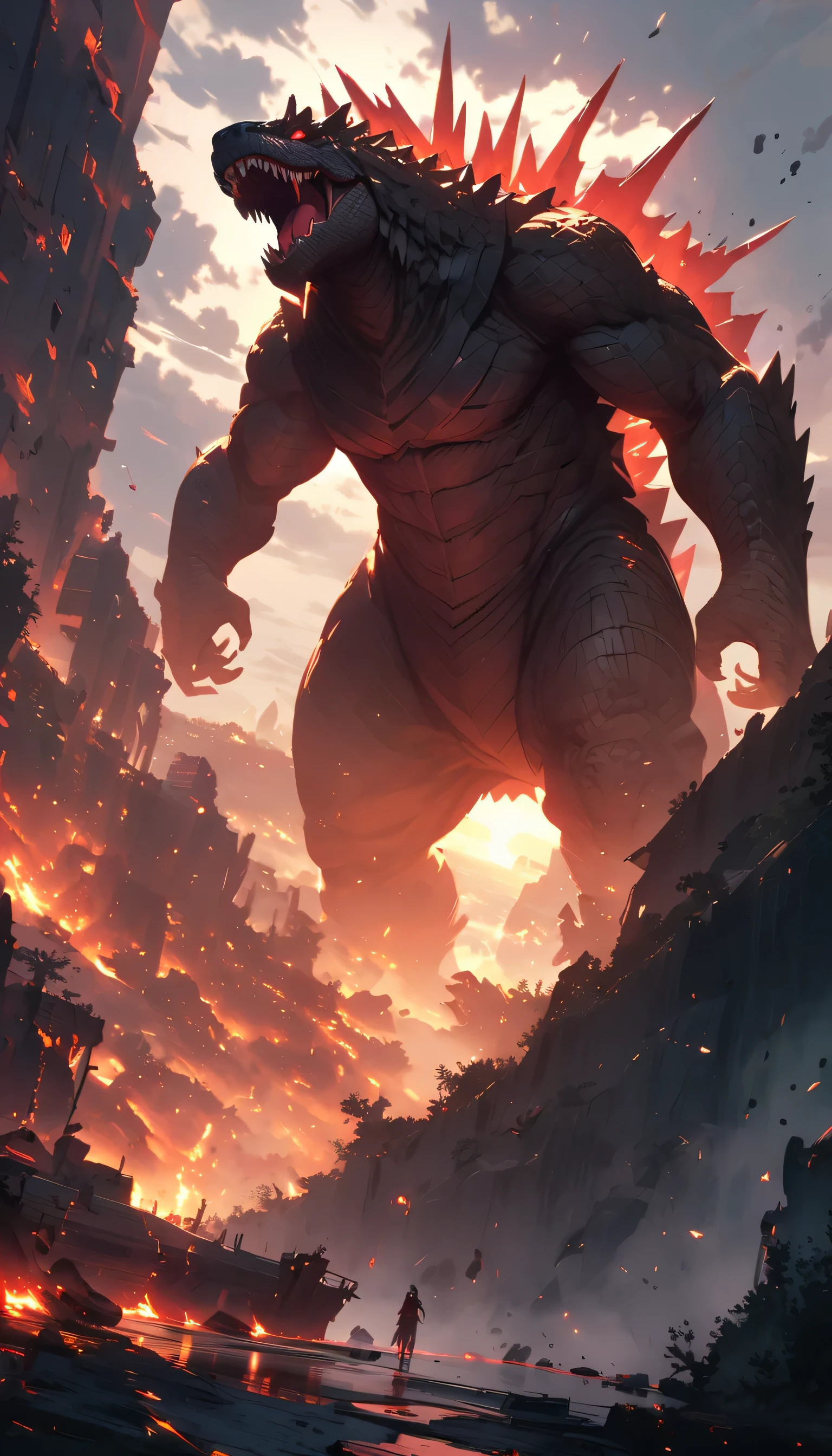 Imagine a colossal Godzilla, its silken body the size of a city, draped over a desolate landscape. Razor-sharp legs pierce the ruins below, while glowing red eyes scan for prey, reflecting the dying light of a shattered moon.