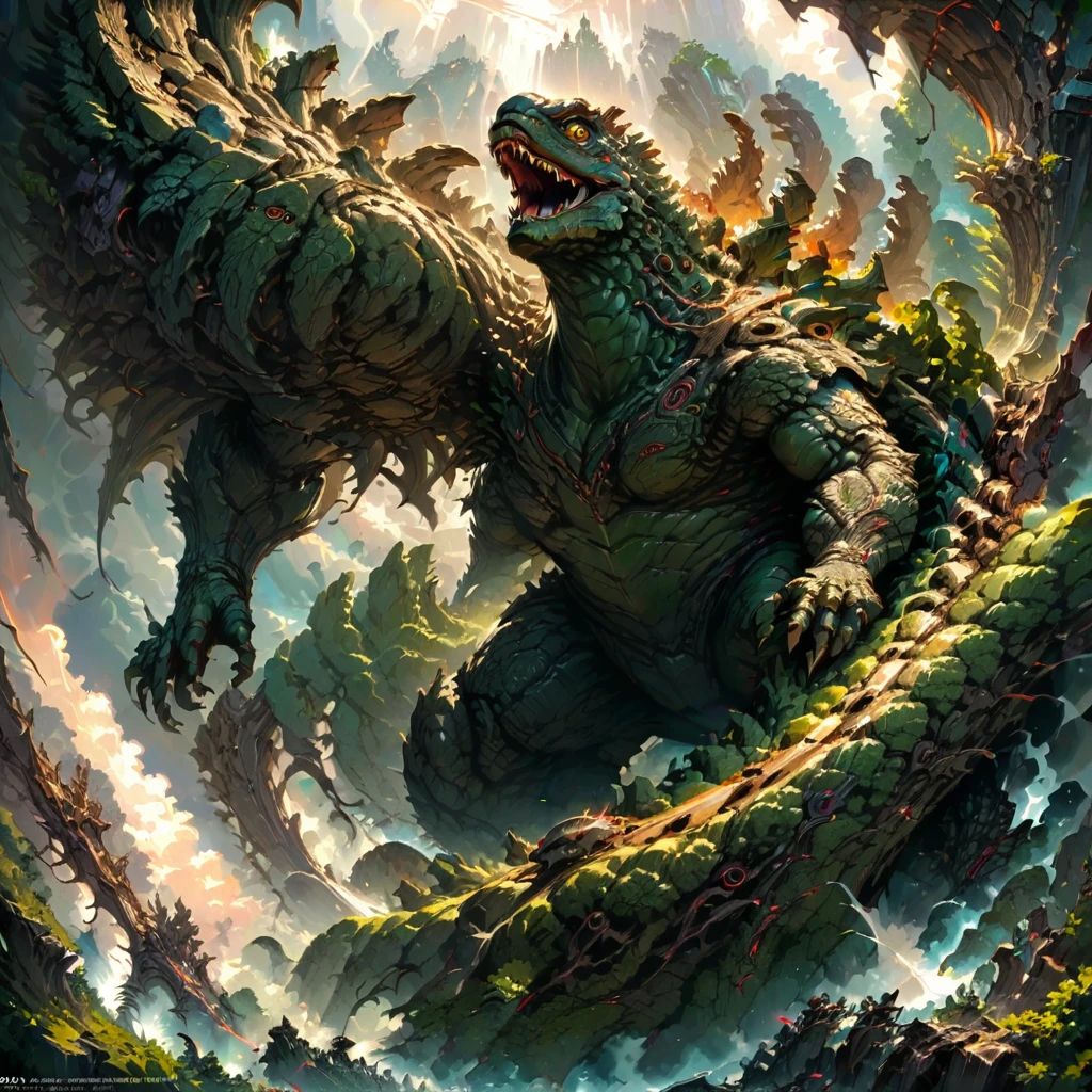 Giant Godzilla, ultra wide angle, watching tiny humans, epic, movie scene, file still, fantasy concept art, (masterpiece, best quality, perfect composition, very aesthetic, absurdres, ultra-detailed, intricate details, Professional, official art, Representative work:1.3)