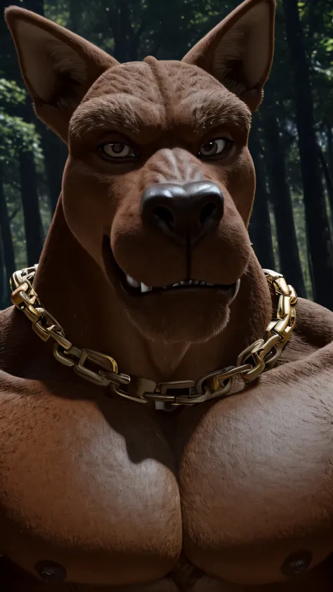 scrappyrex, solo
anthro, male, collar only, smiling
bust portrait, Forest background, A gilded gold chain view muscular Looking at the viewer serious expression 
Ultra detailed realistic photorealism