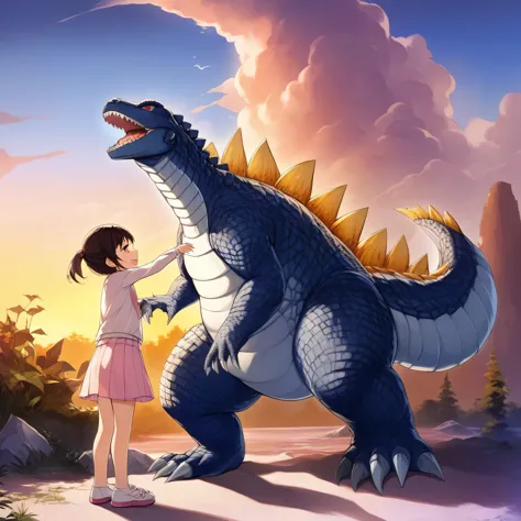 Depict a kind Godzilla in the picture as if she is very friendly with a  and is her pet, Godzilla is a wonderful kind pet for a girl, a kind Godzilla, kindness and tenderness, a kind picture,