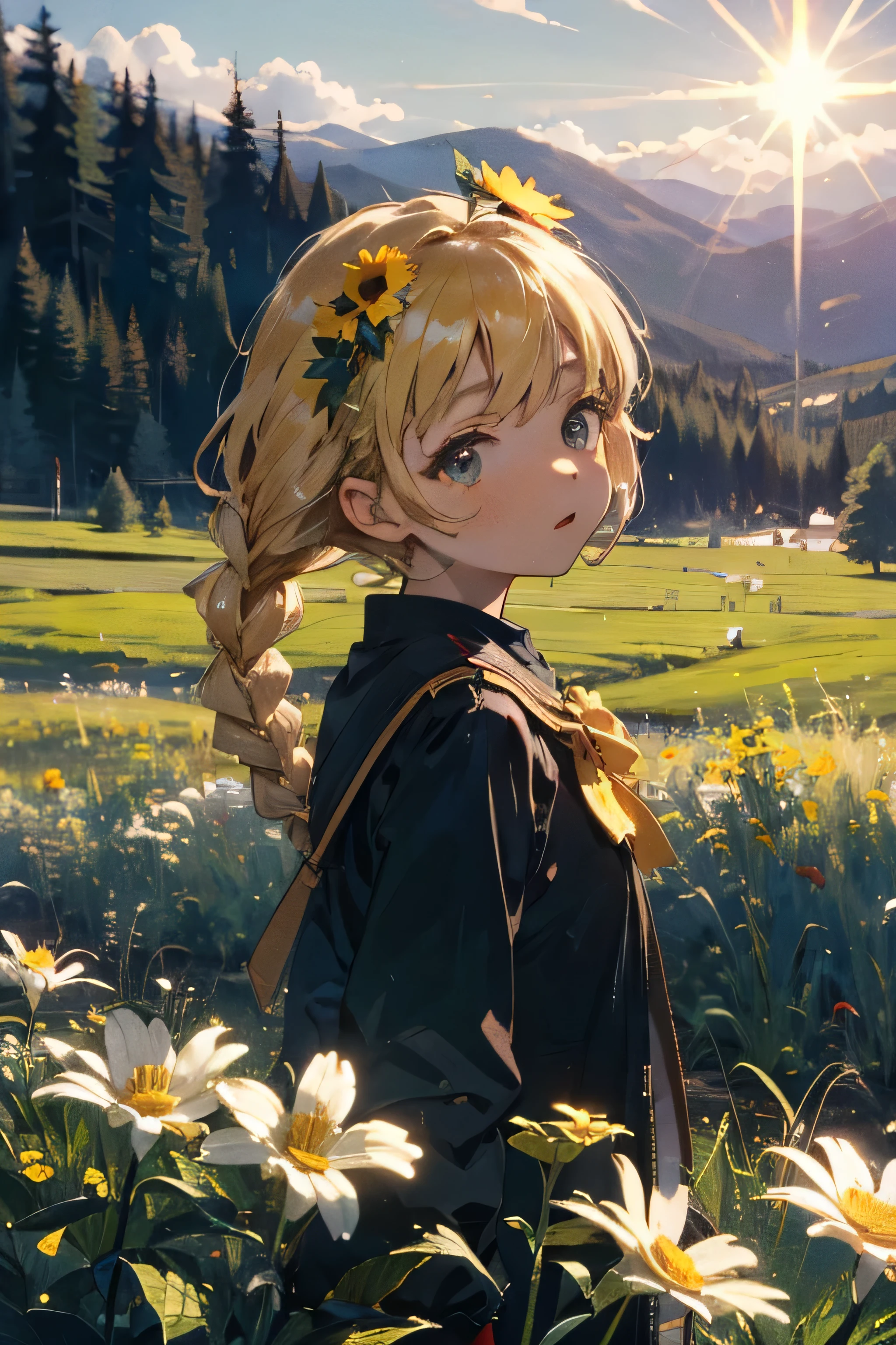 best quality, masterpiece,ultra high res,detailed,onegirl,slim body,short body,twin tail braid,blonde hair,flower head,round eyes,,meadow,sunny,natural lighting,lens flare,magnificent view