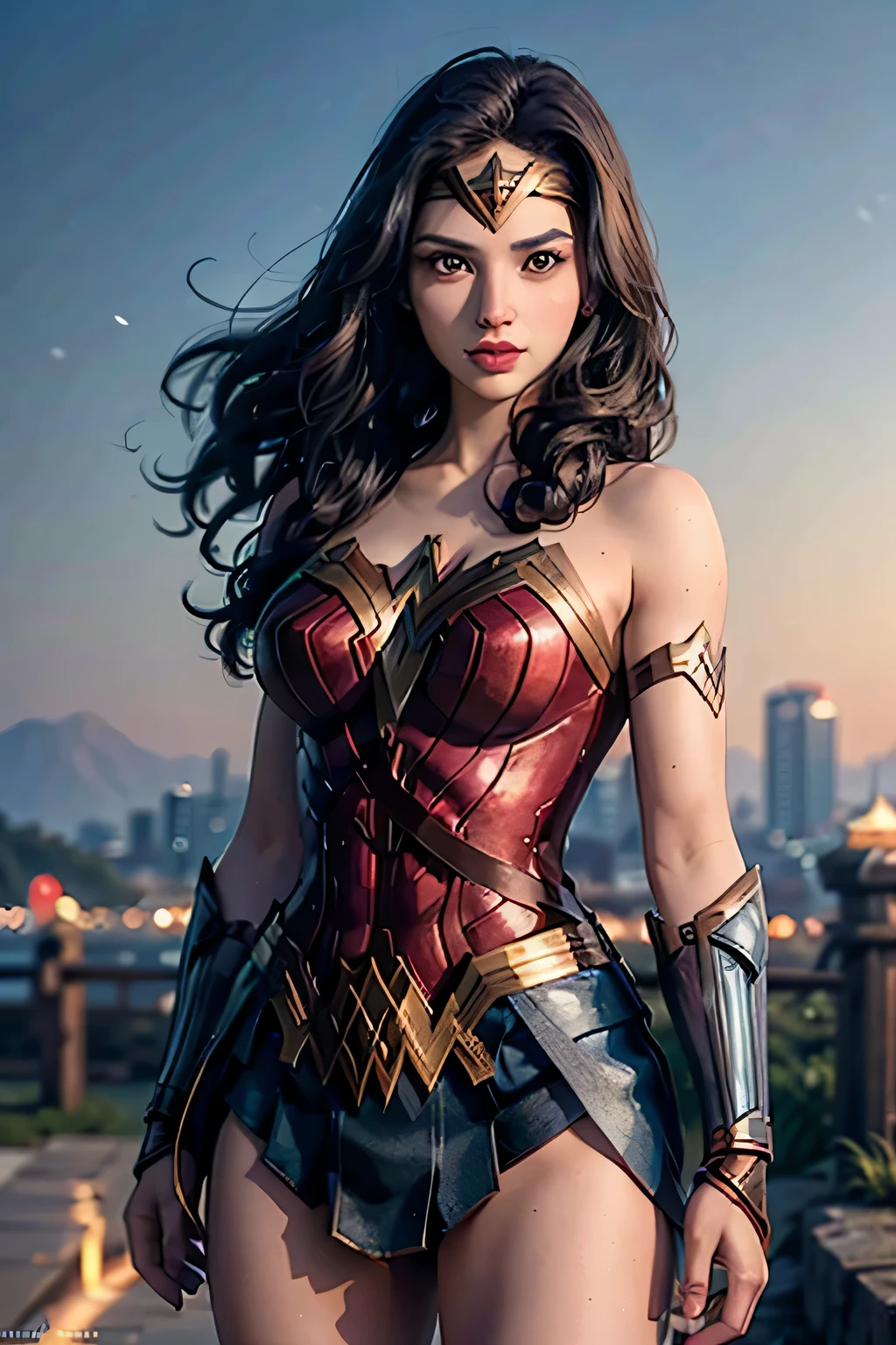 wearing wonder_woman_cosplay_outfit, in front of a sky, 
good hand,4k, high-res, masterpiece, best quality, head:1.3,((Hasselblad photography)), finely detailed skin, sharp focus, (cinematic lighting), night, soft lighting, dynamic angle, [:(detailed face:1.2):0.2], medium breasts, outside,