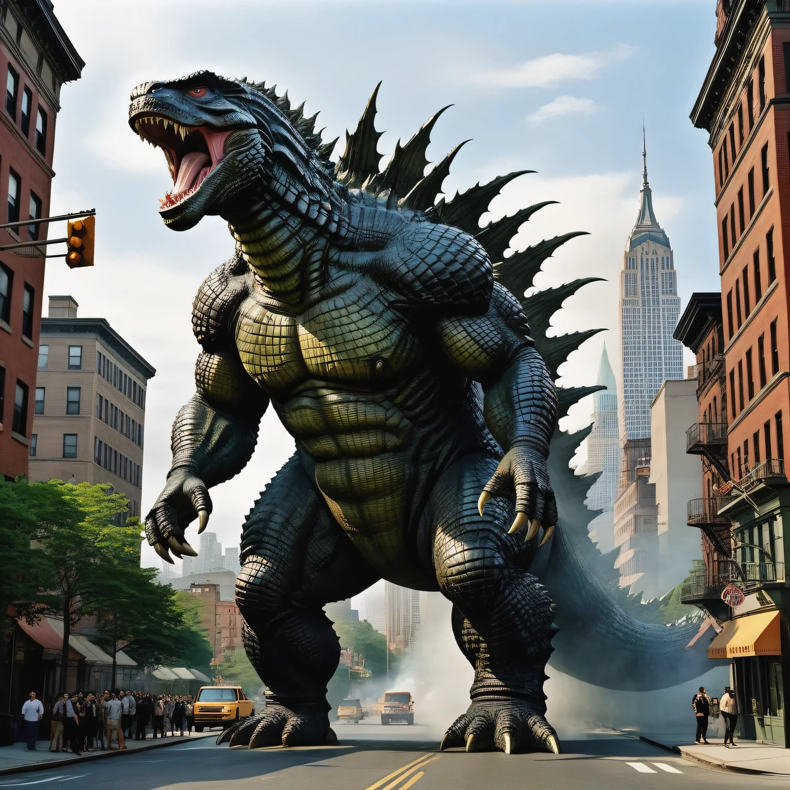 Come up with and depict a huge creature, combine Godzilla and Arnold Schwarzenegger in it, the creature should have more similarities with Godzilla, but it should also have the features of Arnold Alois Schwarzenegger, the resulting creature will be Schwarzilla, Schwarzilla huge towers over the houses of New York, an active scene, Schwarzilla goes through the streets and destroys everything in its path, Schwarzilla It is shown in detail, high resolution, 32k, masterpiece, difficult, cinematic,