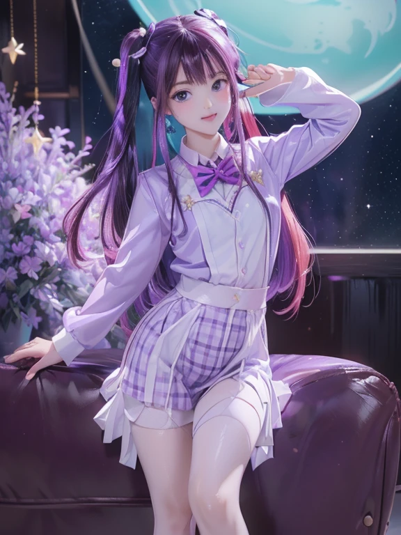 big butt、full body photo、 (With two people:1.5,)Super detailed,明るいcolor, very beautiful detailed anime face and eyes, look straight,  shiny_skin,girl, ((long、(虹colorの髪, colorful hair, 半分はpurple、half red hair: 1.2)))、shiny hair, delicate beautiful face, blush、(turquoise eyes), White skin, Valletta, earrings,、shooting star、starry sky、((stripe、purple、黄color、 clothes、purple、checked mini skirt,)))、twin tails、smile、happy face、face dyed red、color々pose、Glasses、garter belt