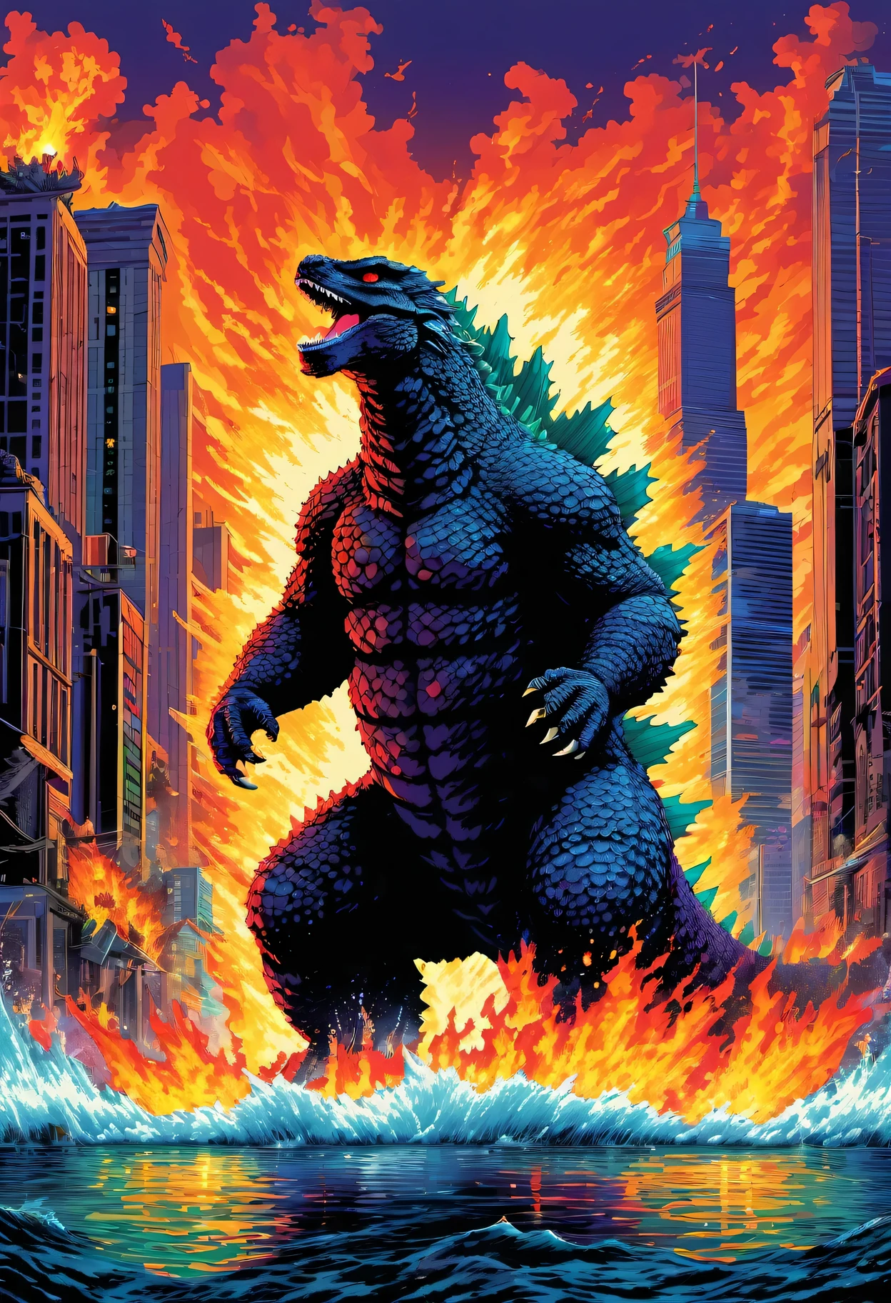 pixel art,retro style,Godzilla,destroyed city,emerging from the water,vivid colors,cityscape,fire-breathing,laser eyes,adventurous,action-packed,detailed pixel art,highres,masterpiece:1.2