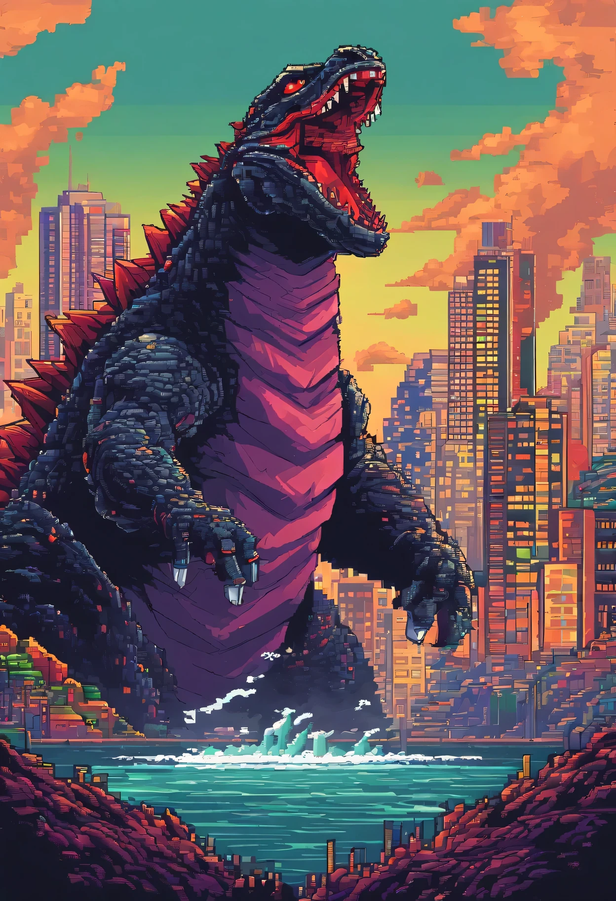 pixel art,retro style,Godzilla,destroyed city,emerging from the water,vivid colors,cityscape,fire-breathing,laser eyes,adventurous,action-packed,detailed pixel art,highres,masterpiece:1.2