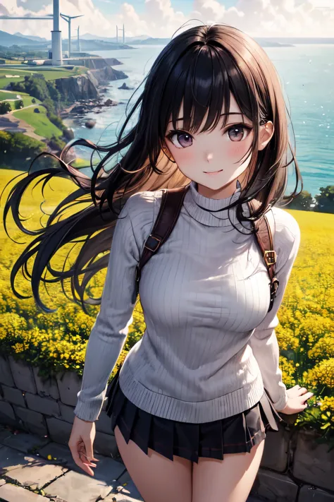 very cute and beautiful girl,gray knit,(highly detailed beautiful face), standing,canola flowers,(cherry blossoms:1.05),two wind...
