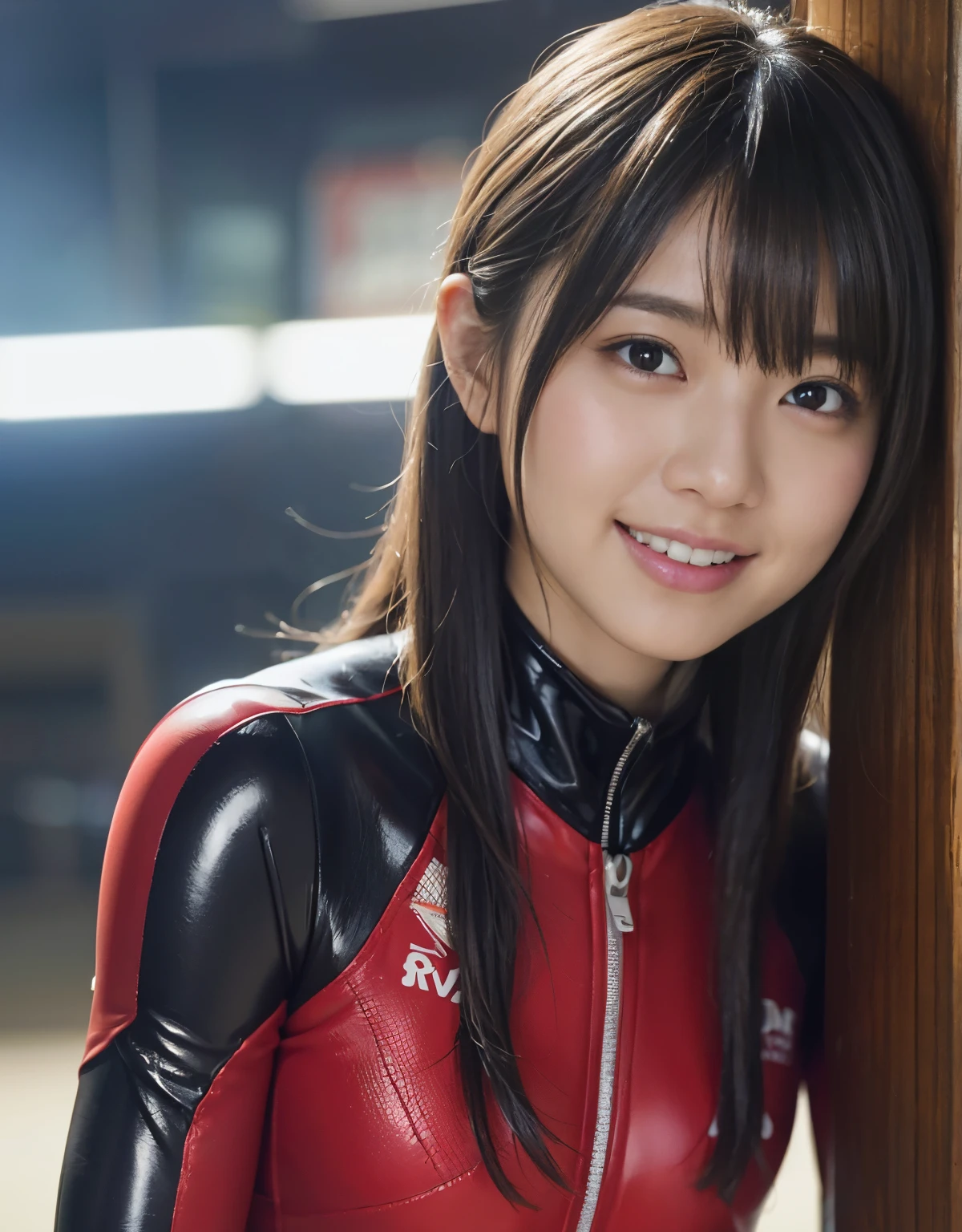 (1 girl)、highest quality、masterpiece、超A high resolution、(Photoreal:1.4)、Raw photo、1 girl、wet hair、hot、Sweat、(Wearing a skin-tight racing suit made of leather)、female rider、long sleeve,、(leather racing gloves)、Portrait、Shadow、octane rendering、8K、super sharp、Metal、intricate decorative details、Japan details、very intricate details、realistic light、(smile)、shining eyes、towards the camera、Small LED、Close-up