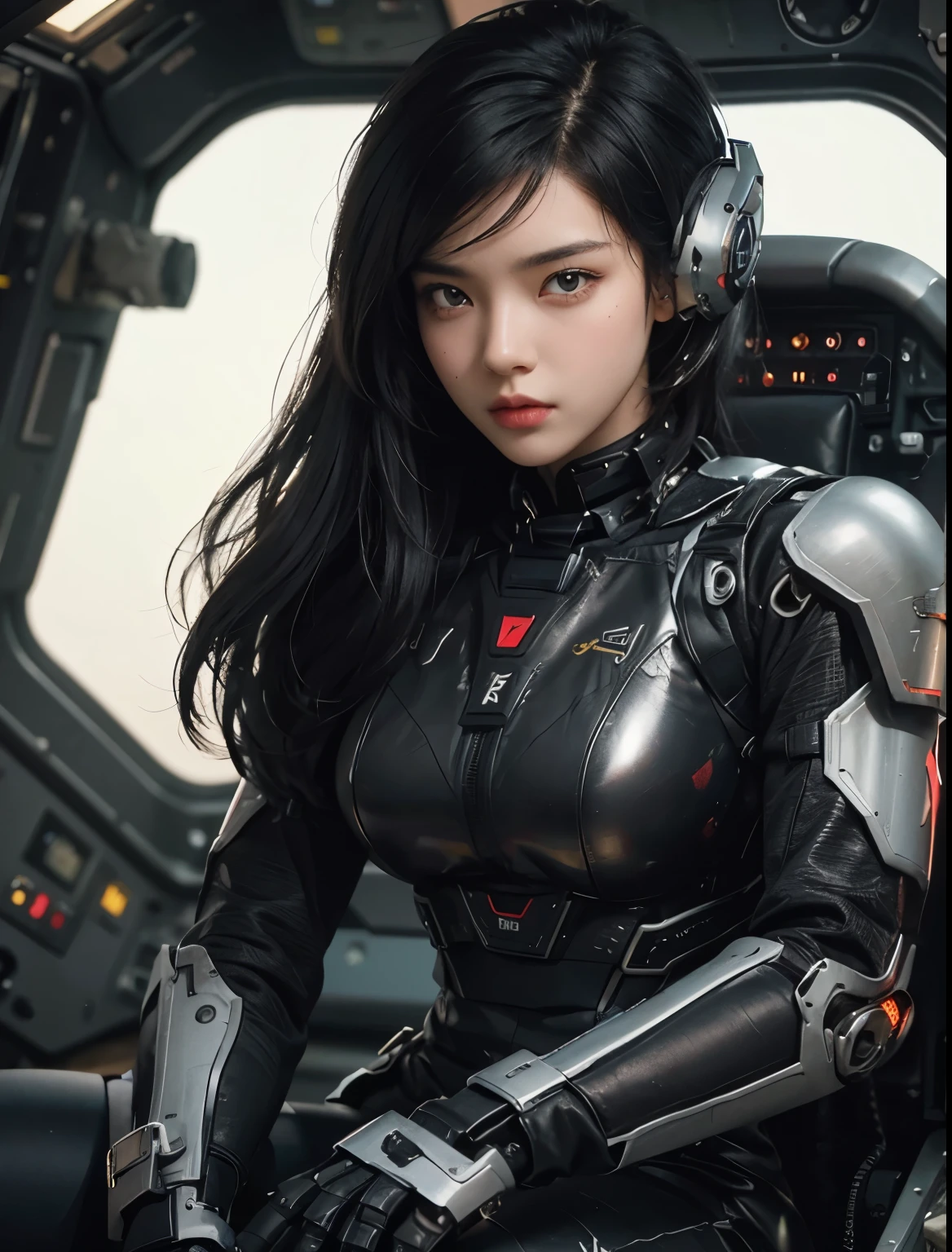 A beautiful woman. Black hair. eighteen. She is looking at the camera with a defiant expression. She wears a black, metallic battle uniform that makes the lines of her body stand out. She is sitting in the robot's cockpit.