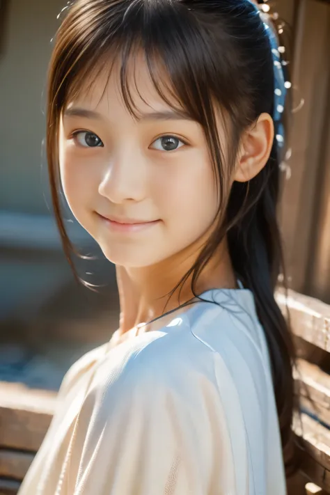 (highest quality, masterpiece), (beautiful 12 year old japanese girl), (freckles:0.6), soft light, ponytail, detailed eyes, blac...