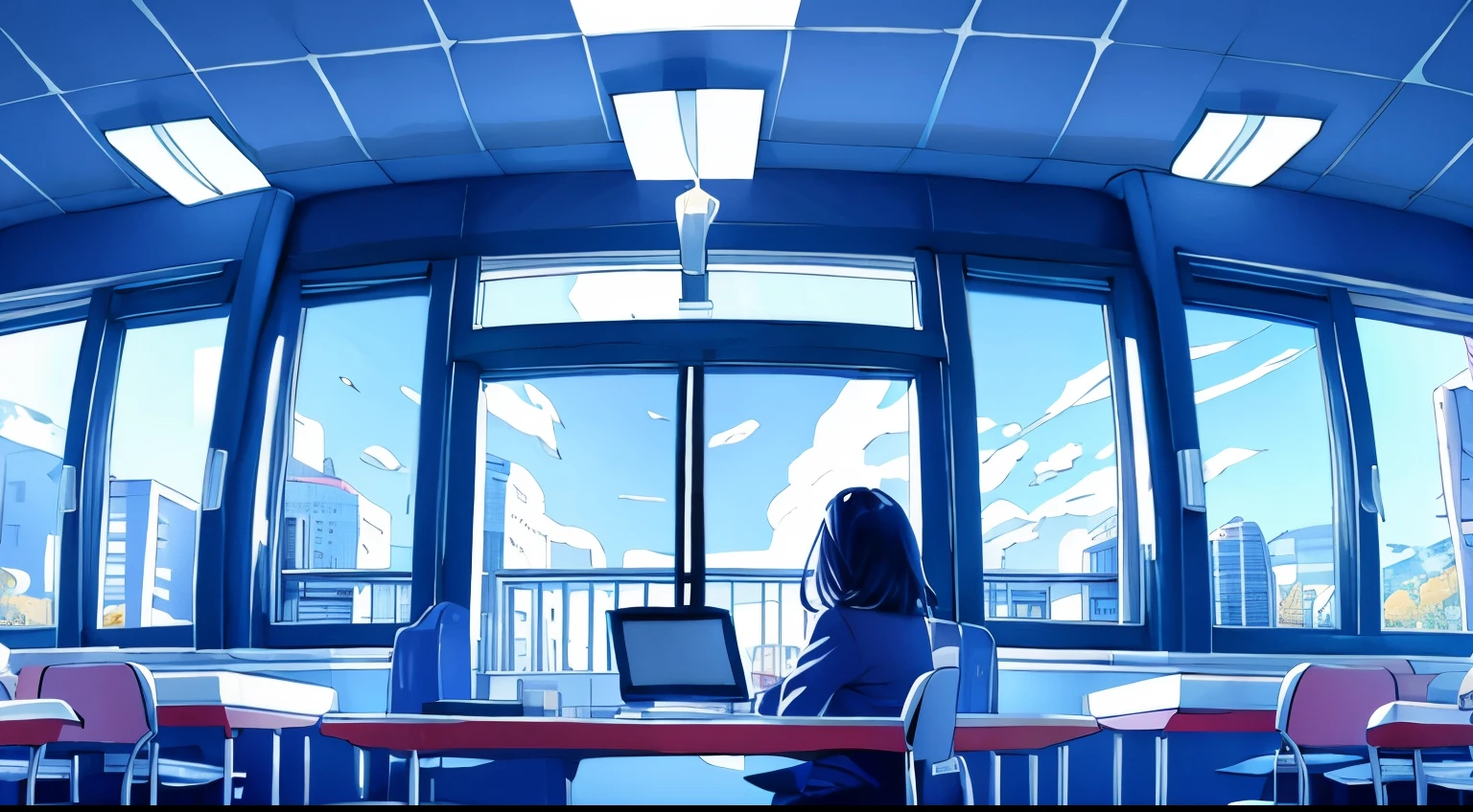 Modernes Büro、Frau schaut auf einen PC、Seitenansicht