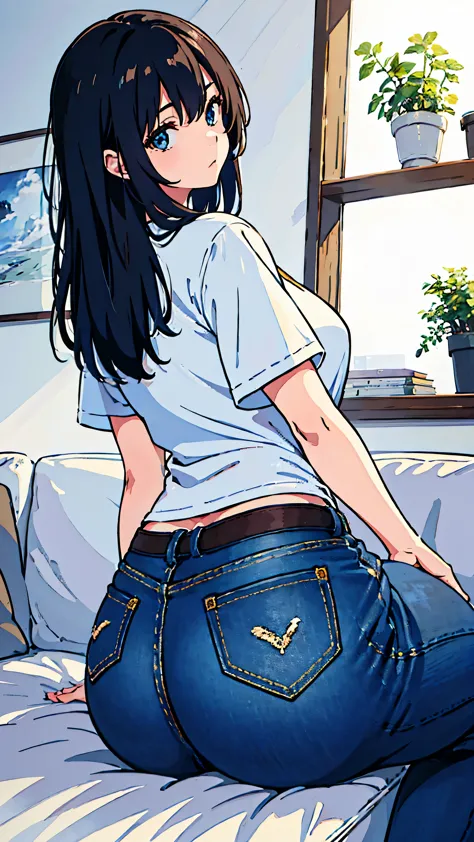 1 girl,alone,highest quality, masterpiece, 8K, very detailed, born,sitting, looking at the viewer,jeans,white t-shirt,long hair,black hair, big sofa,big ass,perfect body