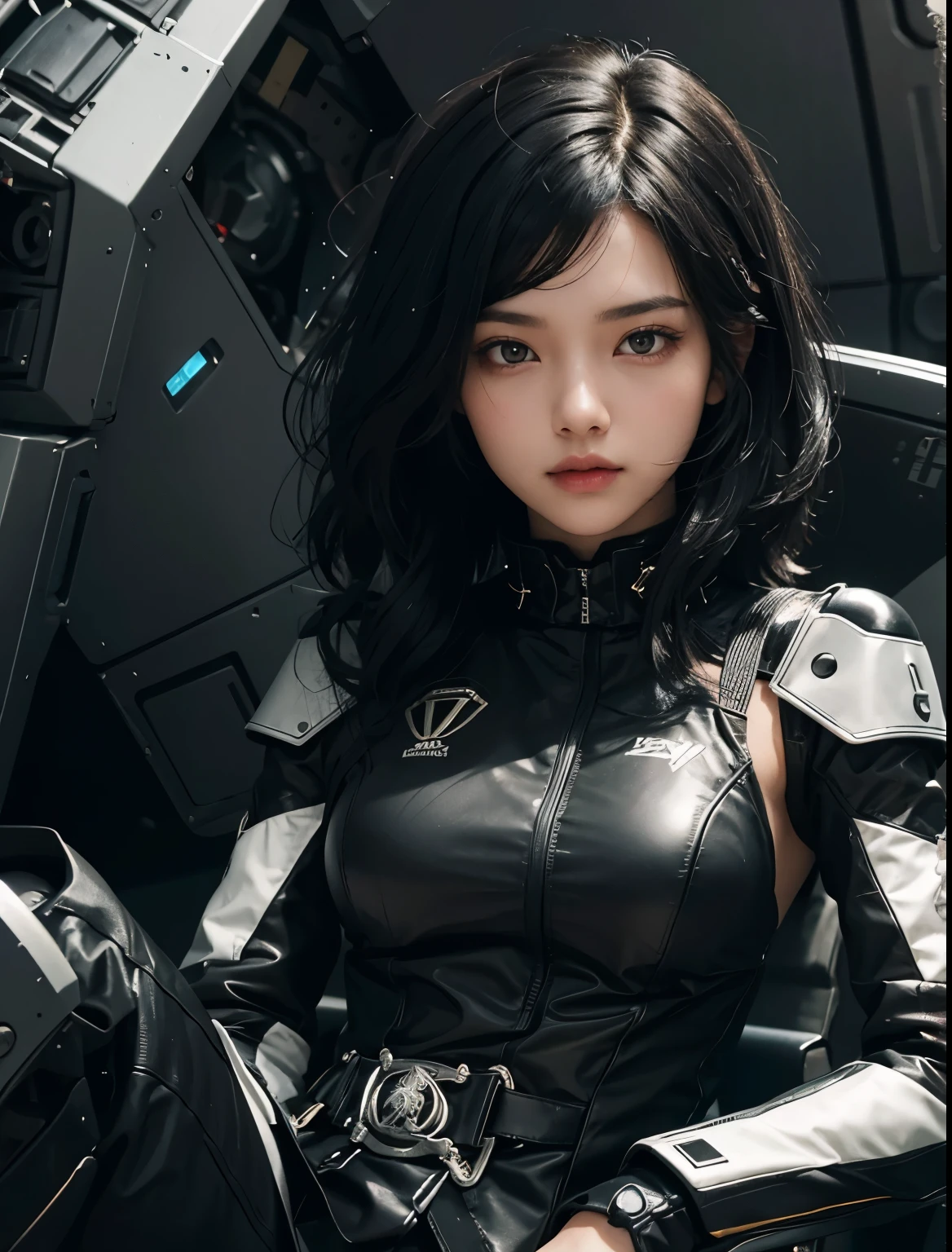 A beautiful woman. Black hair. eighteen. She is looking at the camera with a defiant expression. She wears a black, metallic battle uniform that makes the lines of her body stand out. She is sitting in the robot's cockpit.