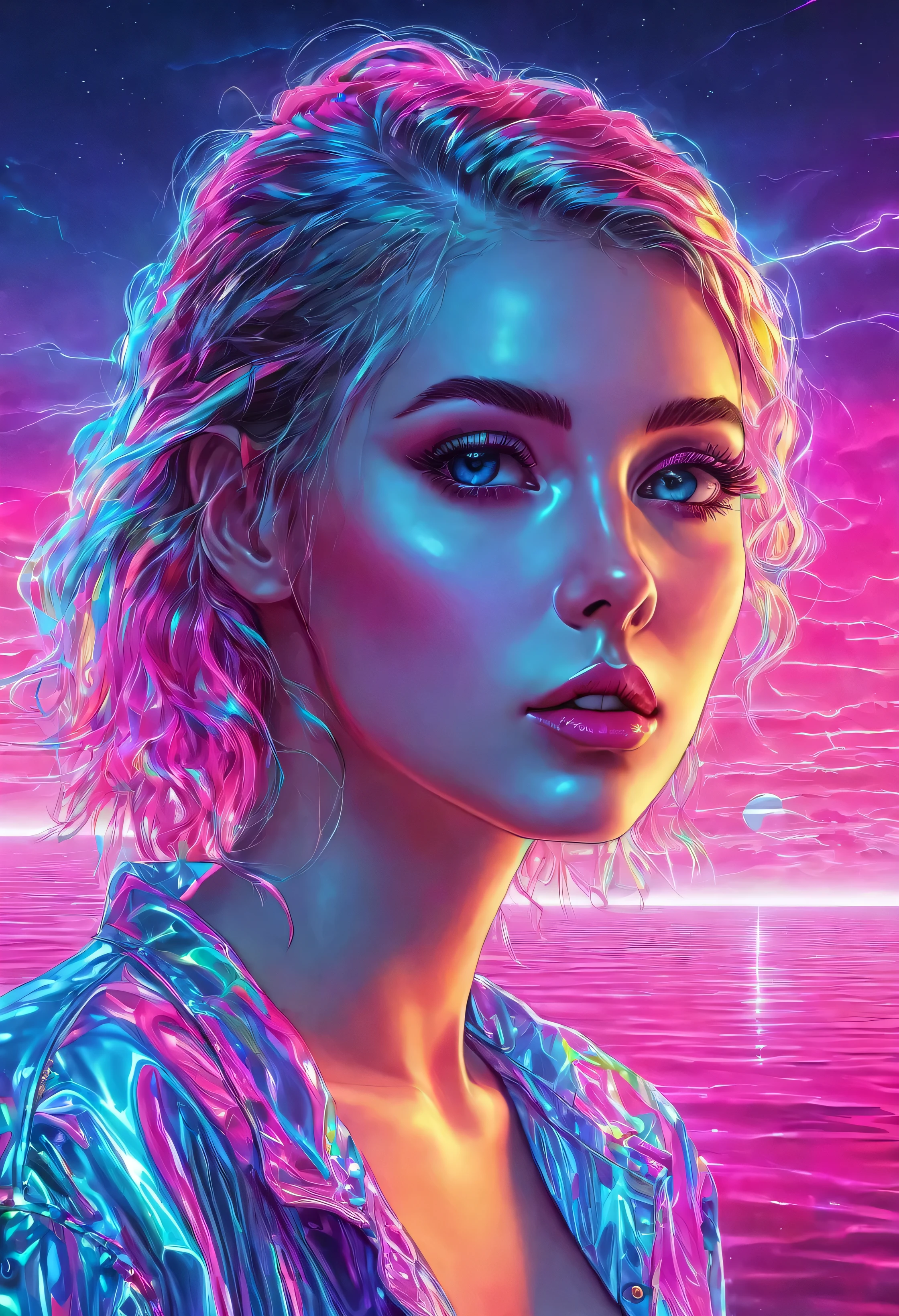 1girl, colorful theme, synthwave sky,(best quality, high quality, high resolution), realistic, ultra-detailed, highly detailed face features, absurdres,  realistic lighting and reflections, highly detailed face features, see through shirt, best photo,high quality illustration