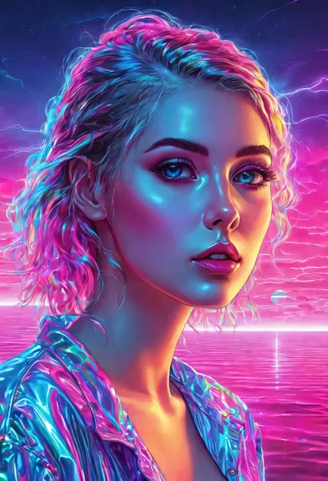 1girl, colorful theme, synthwave sky,(best quality, high quality, high resolution), realistic, ultra-detailed, highly detailed f...