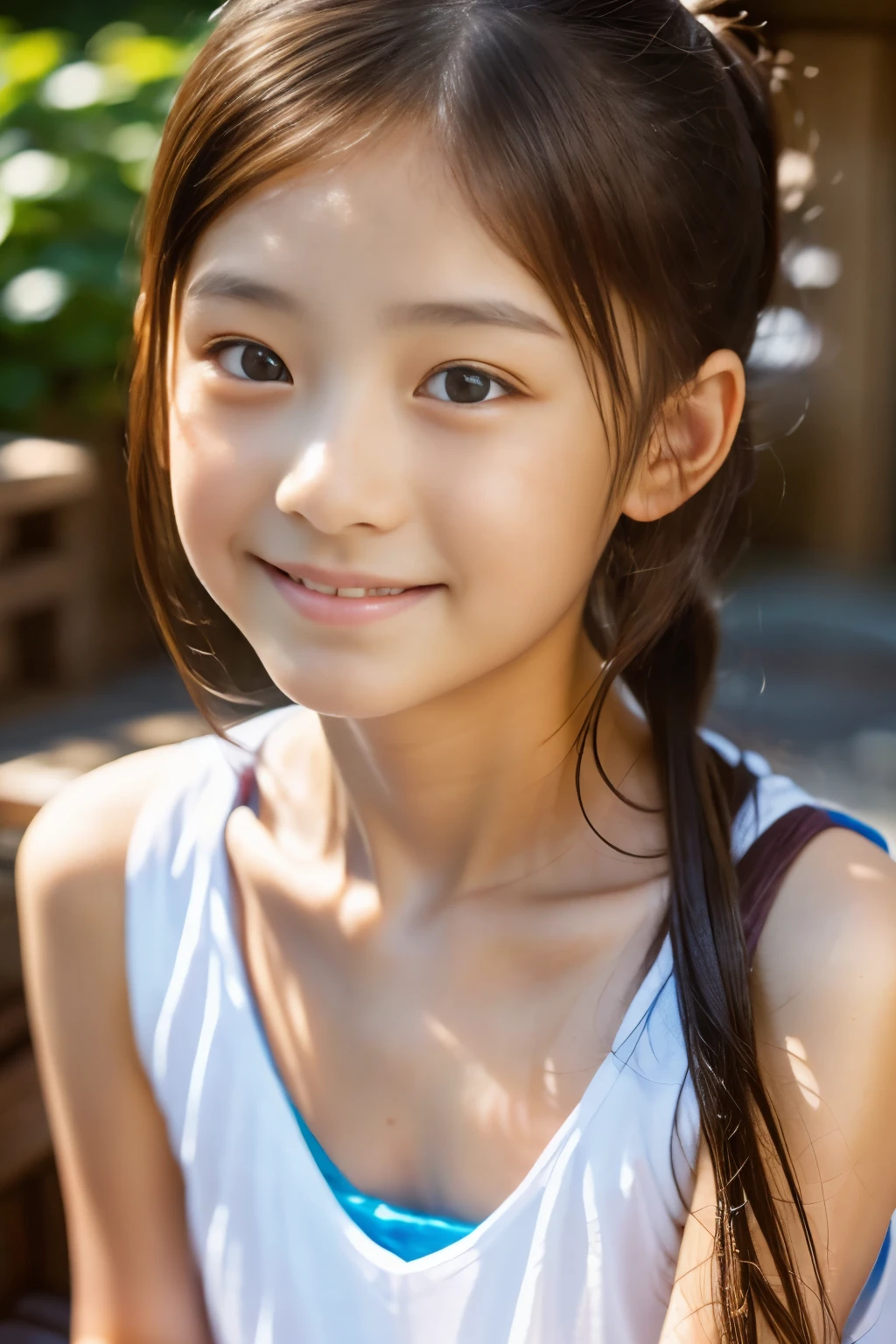 (highest quality, masterpiece), (beautiful 12 year old japanese girl), (freckles:0.6), soft light, ponytail, brown eyes, Focus on your eyes, detailed face