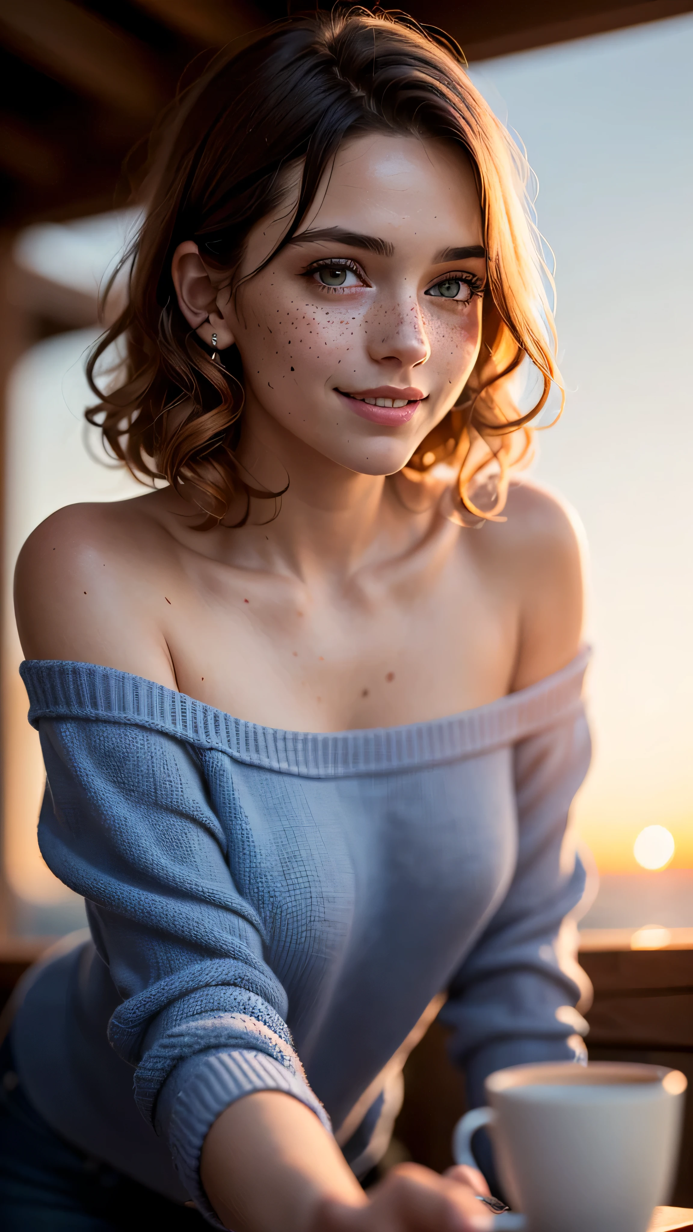 (masterpiece), (extremely intricate:1.3), (realistic), (((portrait, closeup)), joyful, smiling) short curly Ginger girl, cleargreen eyes, leaning forward, loose blue knit sweatshirt off shoulder, cafe, far away crowd, bokeh, freckles:0.4, dimple:1.2, ((tanned skin)), small breasts, upper body, outdoor, intense sunlight, professional photograph of a stunning woman detailed, (sharp focus, dramatic, award winning, cinematic lighting, volumetrics dtx, (film grain, blurry background, blurry foreground, bokeh, depth of field, sunset, interaction), 8K