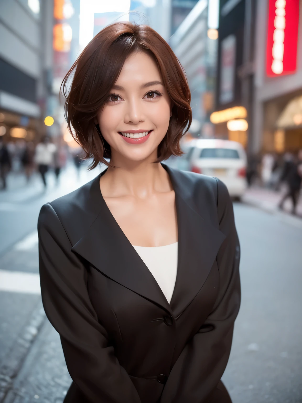 （38 years old), （black wool jacket）,（white wool pants）、（white ruffle blouse）, double eyelid, eyelash, Red lip gloss, (smile:1), ((close your eyes:0.85)), (looking at the viewer、Are standing), (From above:0.2)、尖ったred mouth、(reddish brown wet shiny short hair),red mouth,clavicle、 (Photoreal:1.3),(Raw photo）,(A woman standing on the street in Ginza, In front of Mitsukoshi Department Store, Bright sunshine in Tokyo city,Tokyo, Japan) , 8K, Super detailed, highest quality, beautiful skin, anatomically correct, masterpiece , highest quality, cinematic lighting, Use perspective throughout , surrealism , ,(realistic:1. 3),(Raw photo) , black hair, light smile, short hair, bob cut, anaglyph, stereogram, (mature woman:1), (38 years old), ((close:0.5)), glare, double eyelids, lip gloss, (smile:1), ((close your eyes:0.85)), red mouth, clavicle, ((looking at the viewer)), (short hair of reddish-brown color wet and shiny,), (I can see the whole body) , Slightly thick body type , I opened my eyes wide. , perfectly round eyes , fine texture