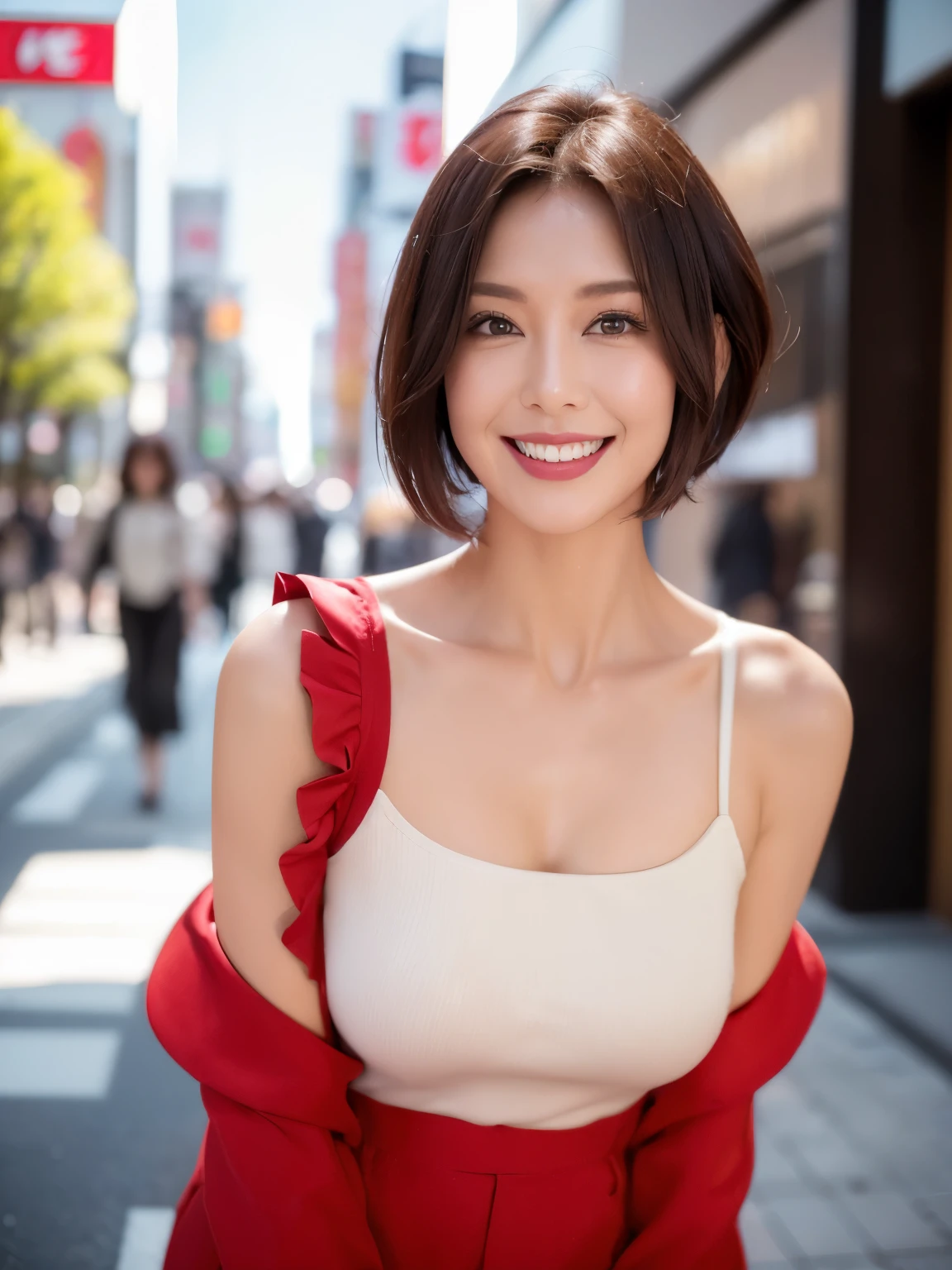 （38 years old), （black wool jacket）,（white wool pants）、（white ruffle blouse）, double eyelid, eyelash, Red lip gloss, (smile:1), ((close your eyes:0.85)), (looking at the viewer、Are standing), (From above:0.2)、尖ったred mouth、(reddish brown wet shiny short hair),red mouth,clavicle、 (Photoreal:1.3),(Raw photo）,(A woman standing on the street in Ginza, In front of department store, Bright sunshine in Tokyo city,Tokyo, Japan) , 8K, Super detailed, highest quality, beautiful skin, anatomically correct, masterpiece , highest quality, cinematic lighting, Use perspective throughout , surrealism , ,(realistic:1. 3),(Raw photo) , black hair, light smile, short hair, bob cut, anaglyph, stereogram, (mature woman:1), (38 years old), ((close:0.5)), glare, double eyelids, lip gloss, (smile:1), ((close your eyes:0.85)), red mouth, clavicle, ((looking at the viewer)), (short hair of reddish-brown color wet and shiny,), (I can see the whole body) , Slightly thick body type , I opened my eyes wide. , perfectly round eyes , fine texture