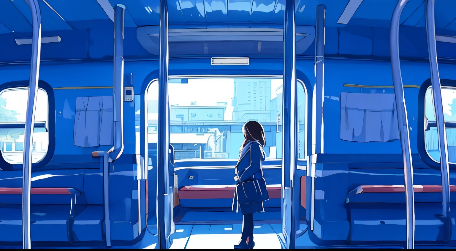 一名身穿蓝色外套的女子站在火车站台上, 看着她的手机.