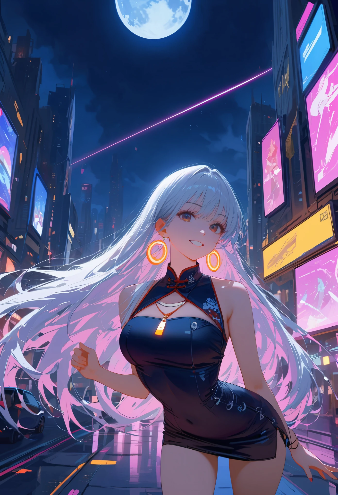 1 fille, Chinois_vêtements, liquid silver and Tangerine, cyberhan, cheongsam, ville cyberpunk, poses dynamiques, Écouteurs lumineux détaillés, accessoires pour cheveux lumineux, cheveux longs, Luminous boucle d&#39;oreilles, collier lumineux, cyberpunk, 高science et technologie城, full of mechanical and futuriste elements, futuriste, science et technologie, néons lumineux, Tangerine, Tangerine light, tulle transparent, Banderoles transparentes, laser, ciel de fond numérique, grande lune, Il y a un véhicule, Meilleure qualité, chef-d&#39;œuvre, 8k, lumière de bord de personnage, Détails ultra élevés, Haute qualité, La plus belle femme de l&#39;humanité, sourire, Face vers l&#39;avant et symétrique, boucle d&#39;oreille, Belle étudiante, Effets d&#39;éclairage, données visuelles, cheveux argentés, Texture du visage ultra détaillée
