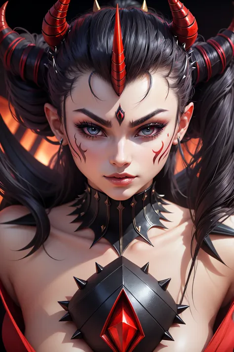 close-up of a woman with a demon mask and a strange hairstyle, demon, spikes, horns, beautiful demon character design, 3d, high ...