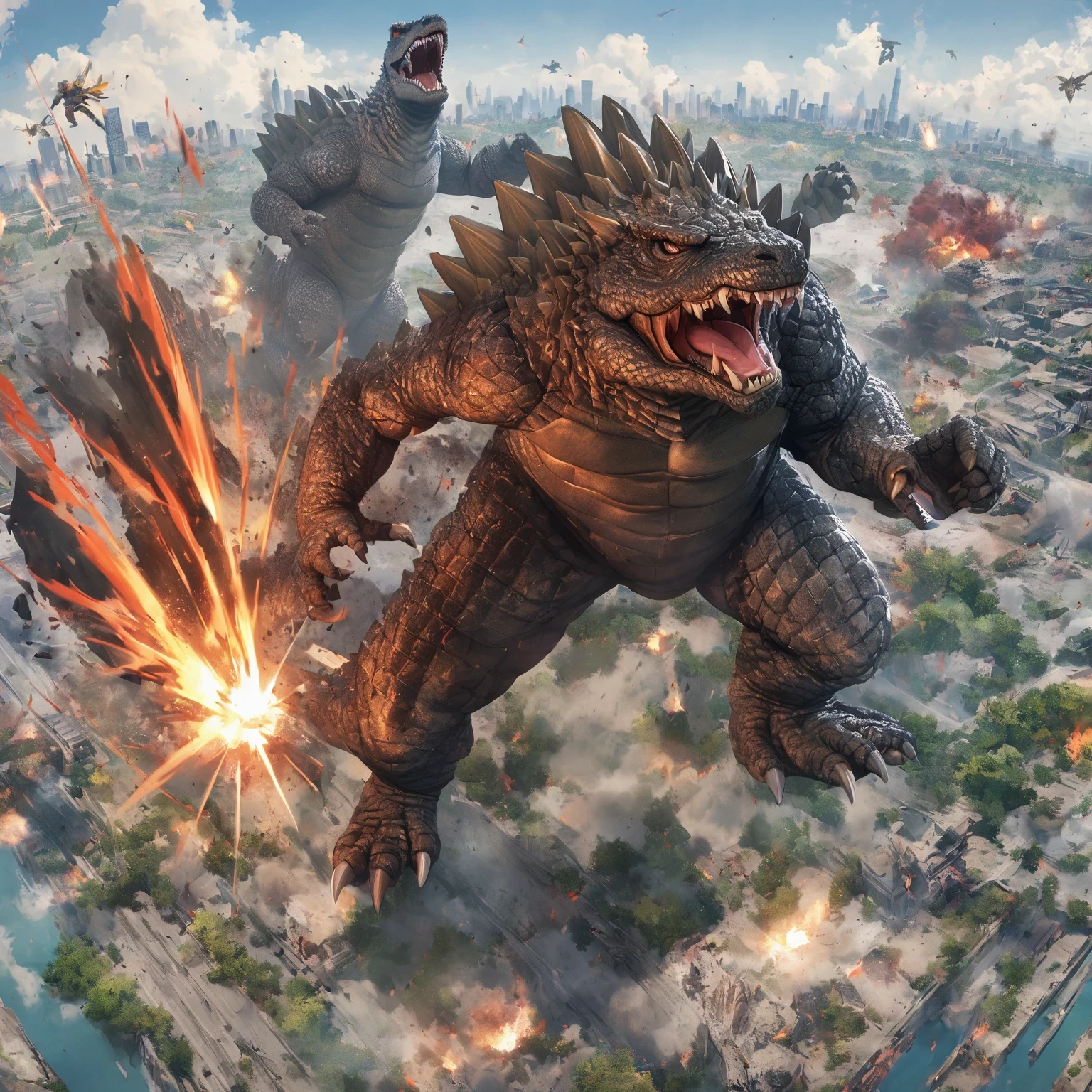 diy1，Godzilla and Kong in power clash, Godzilla's giant wings and sharp claws, Kong waving a huge rock, magnificent battle near skyline, Godzilla's destructive power, Kong's unwavering toughness, city ruins as battlefield, Godzilla's volcanic fume attack, Kong's deft use of tools, clash of their powers, Godzilla's atomic breath, Kong's brave close combat, Godzilla diving from high above, Kong's steadfast gaze, city trembling under their battle, Godzilla's intimidating presence, Kong's fighting strategy, contrasting momentum, Godzilla's roar, Kong's aggressive stance, greatest clash between heaven and earth
