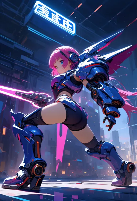 Mechanical legs，Mechanical body，little girl，cartoon style，Q version，Robotic arm，Ray tracing，CG，neon lights
