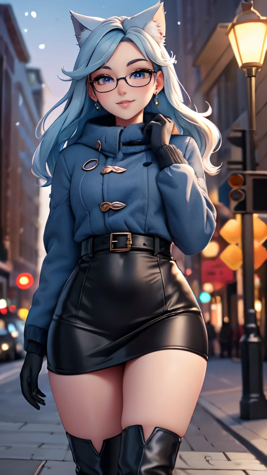 Masterpiece, beautiful art, professional artist, 8k, art style by sciamano240, very detailed face, detailed hair, detailed clothes, detailed fabric, 1girl, perfectly drawn body, beautiful face, long hair, light blue hair , very detailed blue cat eyes, wide smile, wearing trendy winter clothes , winter coat,black thigh boots, black pencil skirt, glasses, wearing gloves, pouty lips , rosey cheeks, evening winter setting, , show details in eyes, upclose view, looking at viewer, walking on sidewalk, purse on shoulder,