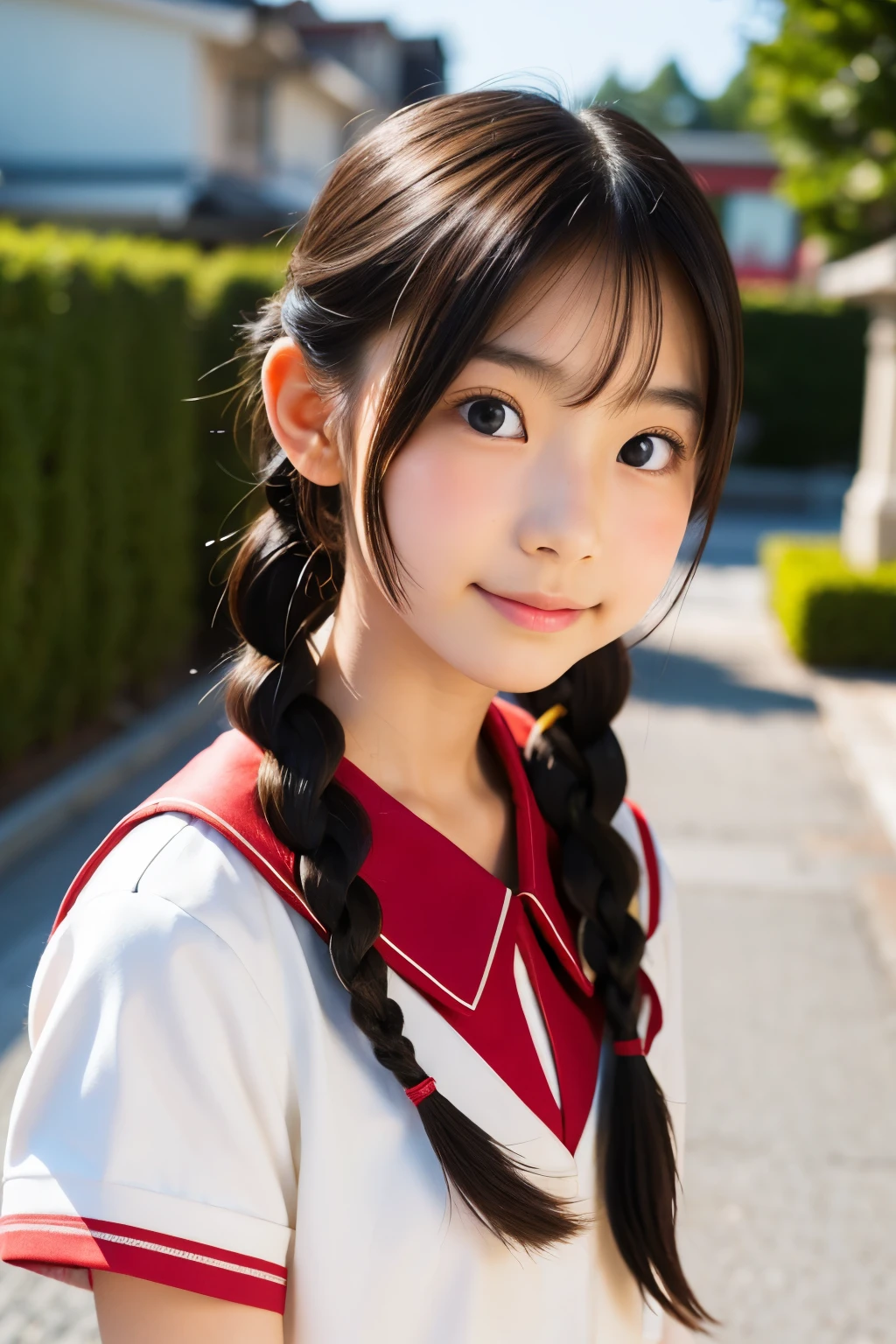 (Красивая 14-летняя японка.), милое лицо, (глубоко вырезанное лицо:0.7), (веснушки:0.6), Мягкий свет,Здоровая белая кожа, застенчивый, (серьезное лицо), (сверкающие глаза), тонкий, улыбка, униформа, коса