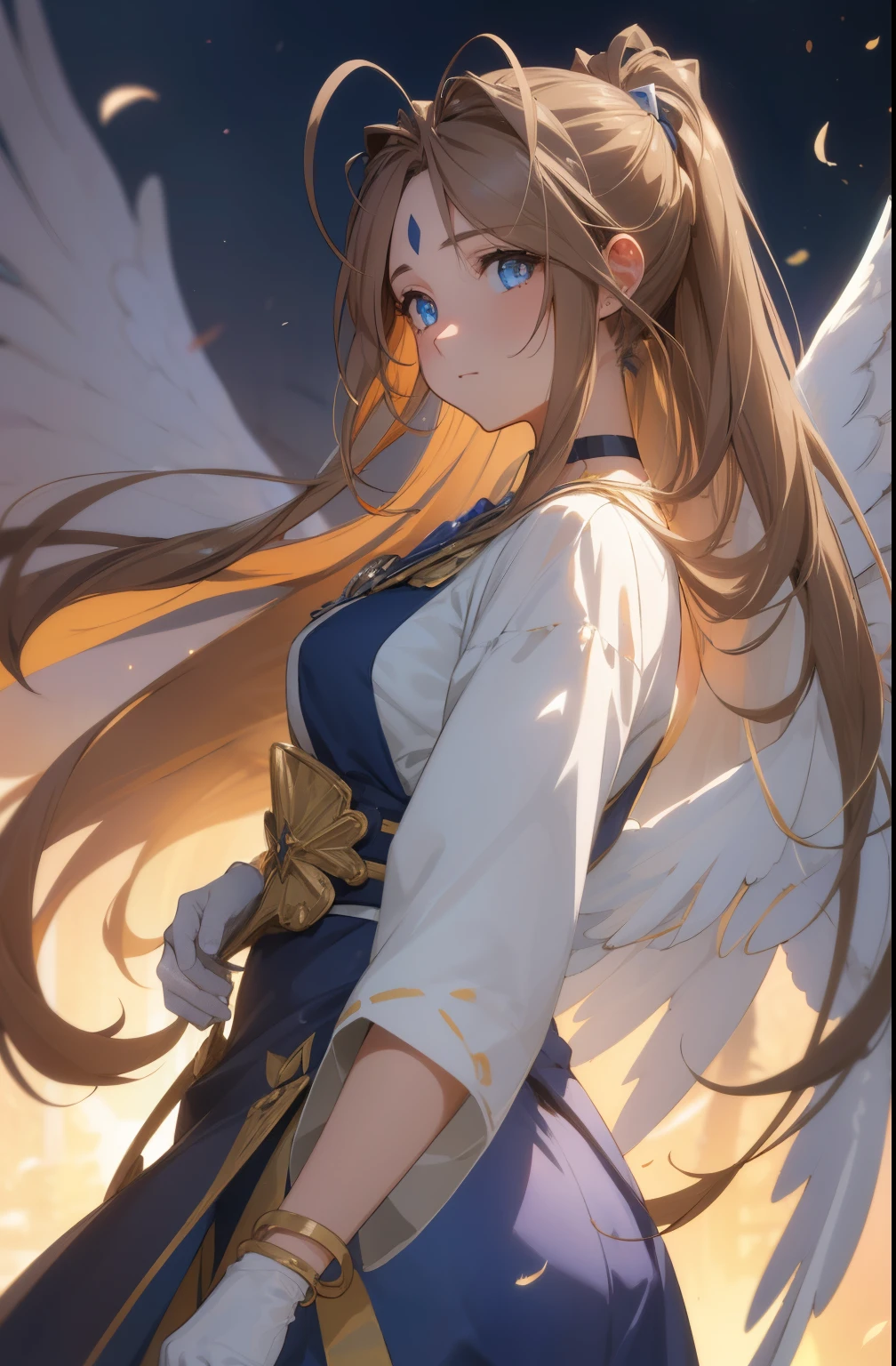 , Belldandy, long hair, blue eyes, brown hair, traces of face, Forehead mark, gloves, wing, choker, bracelet, ring, feather, angel wing, side view:0.6, (for rest:1.1), stand, 20-year-old,, ,masterpiece ,8k unity wallpaper,detailed eyes,detailed face,detailed skin,anime key visual, ,highest quality, High resolution, unity 8k wallpaper, (figure:0.8), (detailed and beautiful eyes:1.6), highly detailed face, perfect lighting, Highly detailed CG, (perfect hands, perfect anatomy),masterpiece,High resolution,perfect anatomy,anime key visual,Kyoto animation,(detailed and beautiful eyes,glowing eyes,detailed hair,detailed skin,detailed wear ),highest quality,unity 8k wallpaper,super dense skin,white skin,best quality,blurry_background