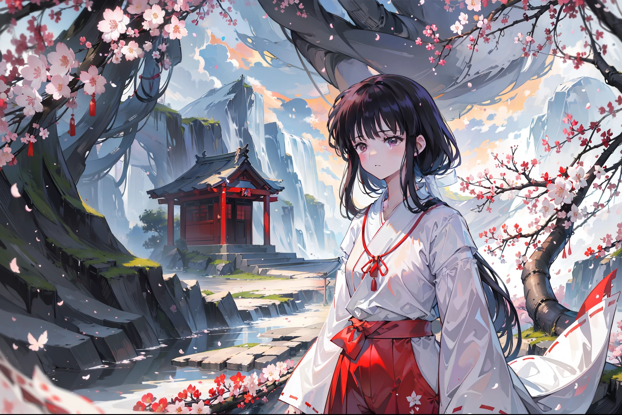 (masterpiece), best quality, expressed, is a perfect face, 1 girl, (alone), Platycodon, skinny, side lock, blunt_hair, Red miko dress, elegant,Japanese traditional clothing,imagine,alone, temple, japanese architecture，best quality，masterpiece，extremely，Eye focus beautiful eyes, anime characters,Miss,alone，cloud, Mountain, rain, (Cherry blossoms:1.3), sky, High resolution, looking at the audience, (32k wallpapers)