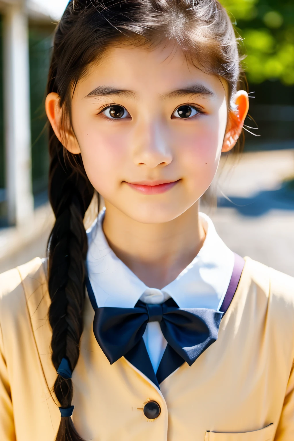 (Beautiful 14 year old Japanese female), cute face, (deeply carved face:0.7), (freckles:0.6), soft light,healthy white skin, shy, (serious face), (sparkling eyes), thin, smile, uniform, Braid