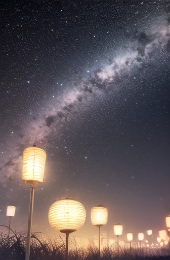 A picture of space with glimmering stars and cosmic rays, point of picture from another planet, with sunset and light shades over the horizon, clear sunset to night sky with a lot of stars, beautiful meteor shower, less light reflection, but sharp lightning beyond the horizon, ((on the lower half of the picture should have reflection of the sky a water mirror-like reflection)), (((on the horizon is a train that moves through space with its light trail)))