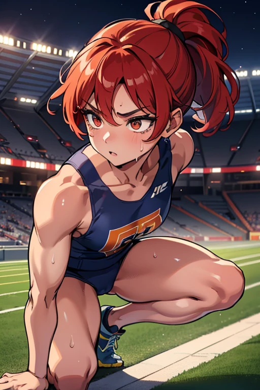 masterpiece、8K、beautiful girl,Athletics stadium at night、sunny,track and field athlete,running in a hurry,Clearly depict the contours of the face,Describe the whole body,beautiful posture,red hair、Sweat、oily skin、ponytail、fine skin、abs、Both hands clenched into fists、Keep one knee at a horizontal angle