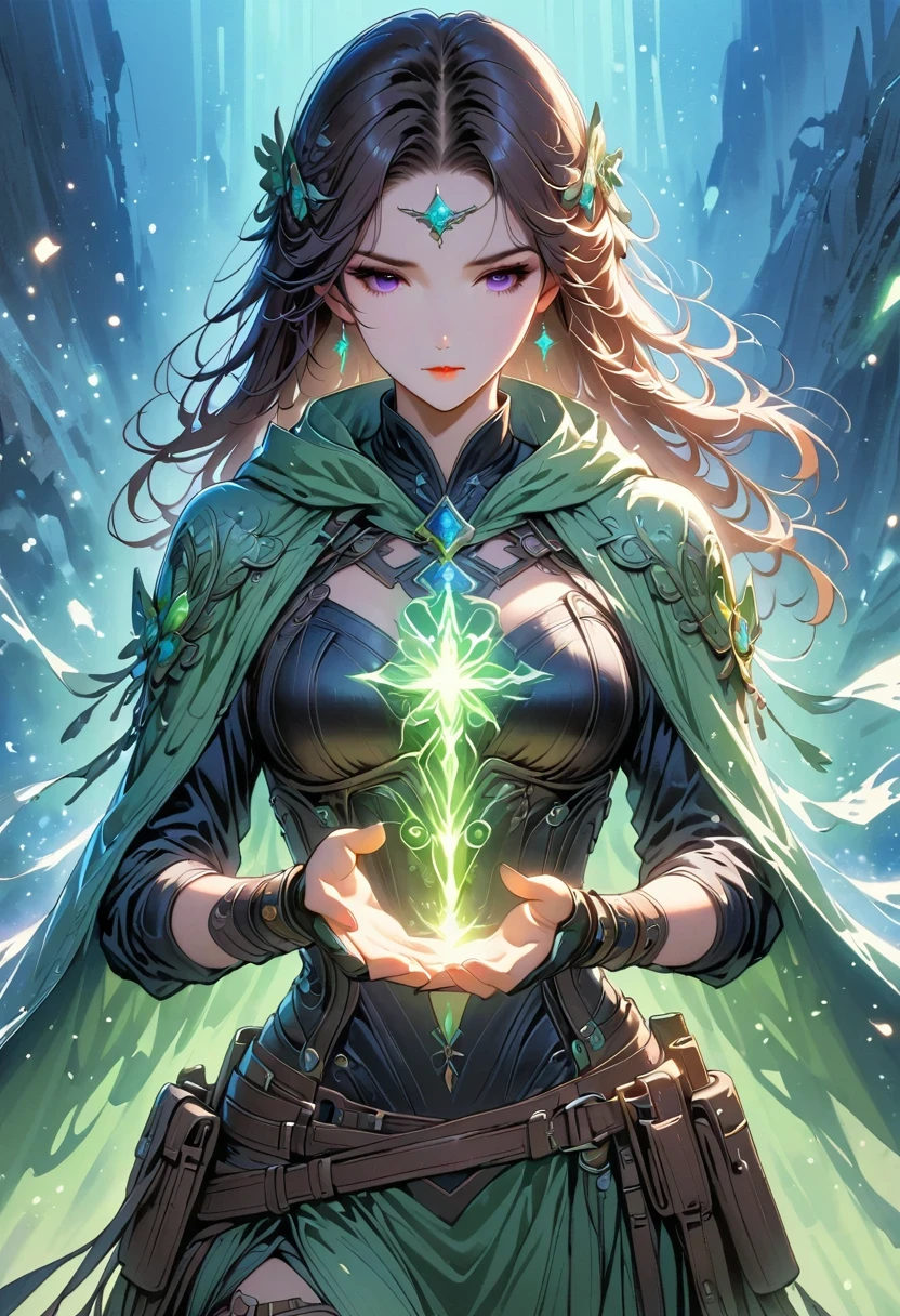 (1 person, beautiful witch:1.2), purple eyes, brown hair, undercut,look down, alone, half shot, Detailed background, Detailed face, (V0id3Energy, Empty topic:1.1) mage, Black light armor robe, definite expression, green color scheme, dark green light, rock call circle, bright magic text, dark atmosphere, shadow, Realistic lighting, floating particles, spark, surrounded by purple light, rock call, (thick melted candle:0.8), Purple arcane symbol, Eyes long for power, Bloom SCG,