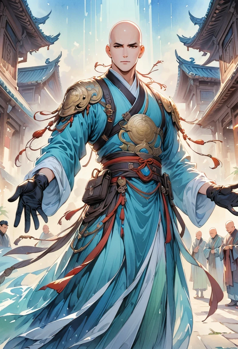 Detailed cowboy shot depicting cartoon style standing Chinese monk. He is wearing black gloves，(bald:1.5), Wearing a Hanfu robe, His hands hold the gun confidently，Directly to the audience, his eyes full of focus. His costume includes green boots, The scene is illuminated by blue lights, Create a dreamy atmosphere. The image should capture the intricate details of his robes and expression, Emphasize that monks are energetic、Passionate character. The style is comic watercolor, very exciting, Blending realism with fantasy.