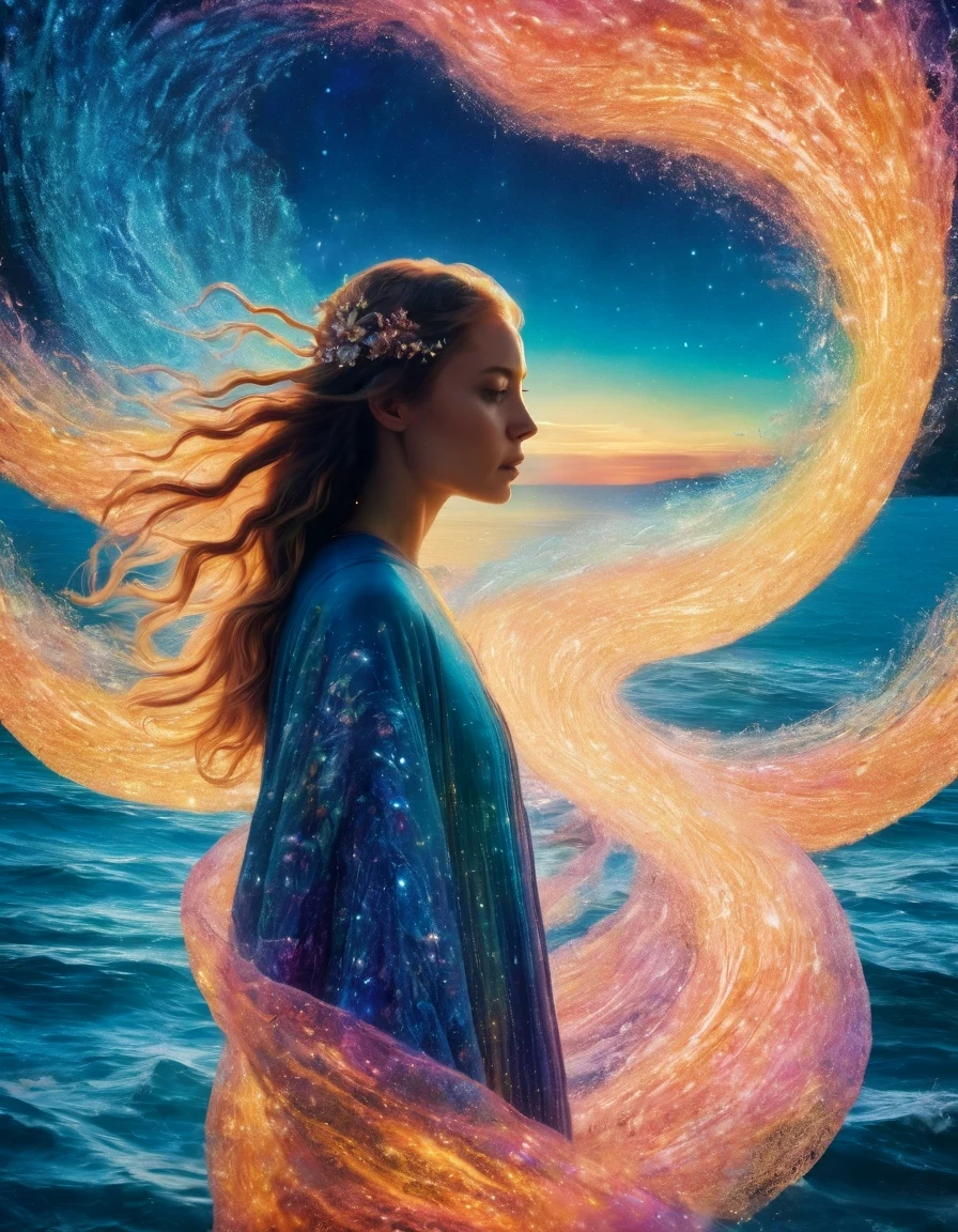 1 Hermosa chica parada en ondas de texto brillantes，hermoso surrealista,   magia, orientalismo, (Daniel Nielsen's (Daniel Nielsen) Ilustraciones dibujadas por Ryan McGinley (Cruz Pipilotti))