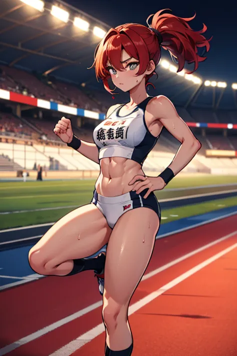 masterpiece、8k、beautiful girl,athletics stadium at night、sunny,track and field athlete,running in a hurry,clearly depict the con...