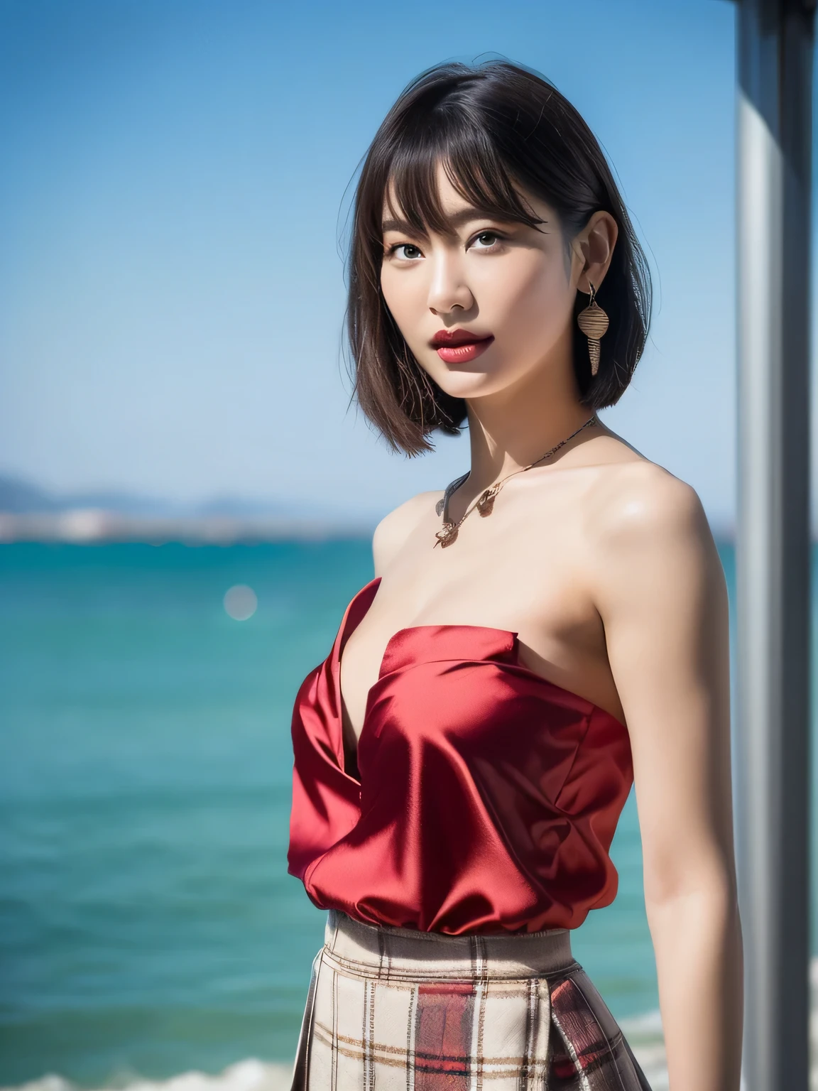 ((highest quality, 8K, masterpiece :1.3)), (realistic, Photoreal:1.4), sharp focus：1.2, 
Bright colors, professional level, shallow depth of field, 
20-year-old, 1 person, A beautiful face with intelligence, 
Supple body :1.3, model body shape:1.5, 頭w:1.4, perfect style：1.4, 
narrow shoulders, beautiful clavicle, long and thin legs, The beauty of slim abs :1.2, thin waist :1.2, 
super detailed skin, Fair skin, Shiny skin, 
super detailed face, slim facial contour, beautiful small face, Beautiful lined nose, 
super detailed eyes, long slit eyes, brown eyes, double eyelid, beautiful thin eyebrows, fine long eyelashes, 
super detailed lips, plump lips, glossy pink lips, flushed cheeks, beautiful teeth, 
Beautiful actress&#39;s ennui makeup, pink lipstick, (necklace, earrings), 
milk greige hair, delicate soft hair, 
(hair up, medium short hair, ponytail:1.2), layer cut, (dull bangs:1.2), 
(Dress up with trendy fashion:1.2), 
gentle smile, open mouth half way, Enchanted expression, stare at the camera, 
dynamic lighting, ((Hasselblad Photos)), 

((She is completely naked and is wearing a red satin top with a heart pattern.:1.3)), 
((She is wearing a plaid pleated skirt.:1.3)), 
(perfect breast shape, B cup:1.2), It is a small pale pink areola., slouch, 
She has a cute plump butt, My thighs are dazzling, 
(View from the front, We focus on the crotch, full body portrait:1.5), 

blue sky and aegean sea, sea beach, The horizon of the ocean spreading out in the background, 
walking with beautiful posture, 
Posing with palms like a , spreading my legs, 
cinematic lighting, midsummer rays, Bright light shining all over, 