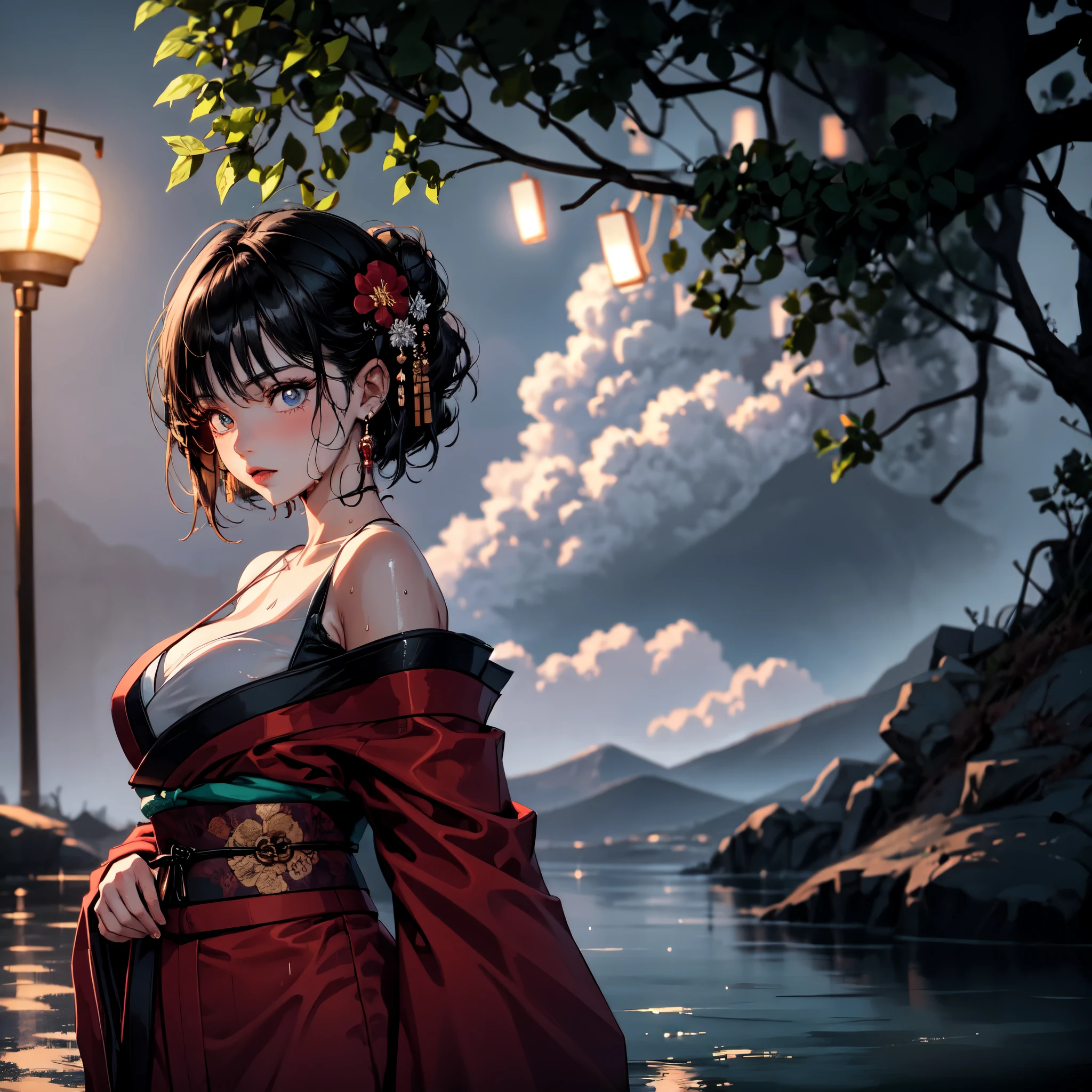 1girl, breasts, moon, lantern, night, solo, large breasts, hair ornament, wet, kimono, japanese clothes, wading, water, hair flower, flower, outdoors, sky, full moon, rain, black hair, off shoulder, mountain, cloud, holding, sash, bare shoulders, paper lantern, standing, white kimono, night sky, sideboob, obi, wet clothes, bangs, tree, from side, reflection, short hair, cloudy sky, wet hair (((masterpiece),(extremely detailed CG unity 8k wallpaper),best quality,,solo,1girl,cinematic lighting,detailed background,beautiful detailed eyes,bright pupils, (an extremely delicate and beautiful),(Beautiful and detailed eye description)， ultra-detailed,masterpiece,)),