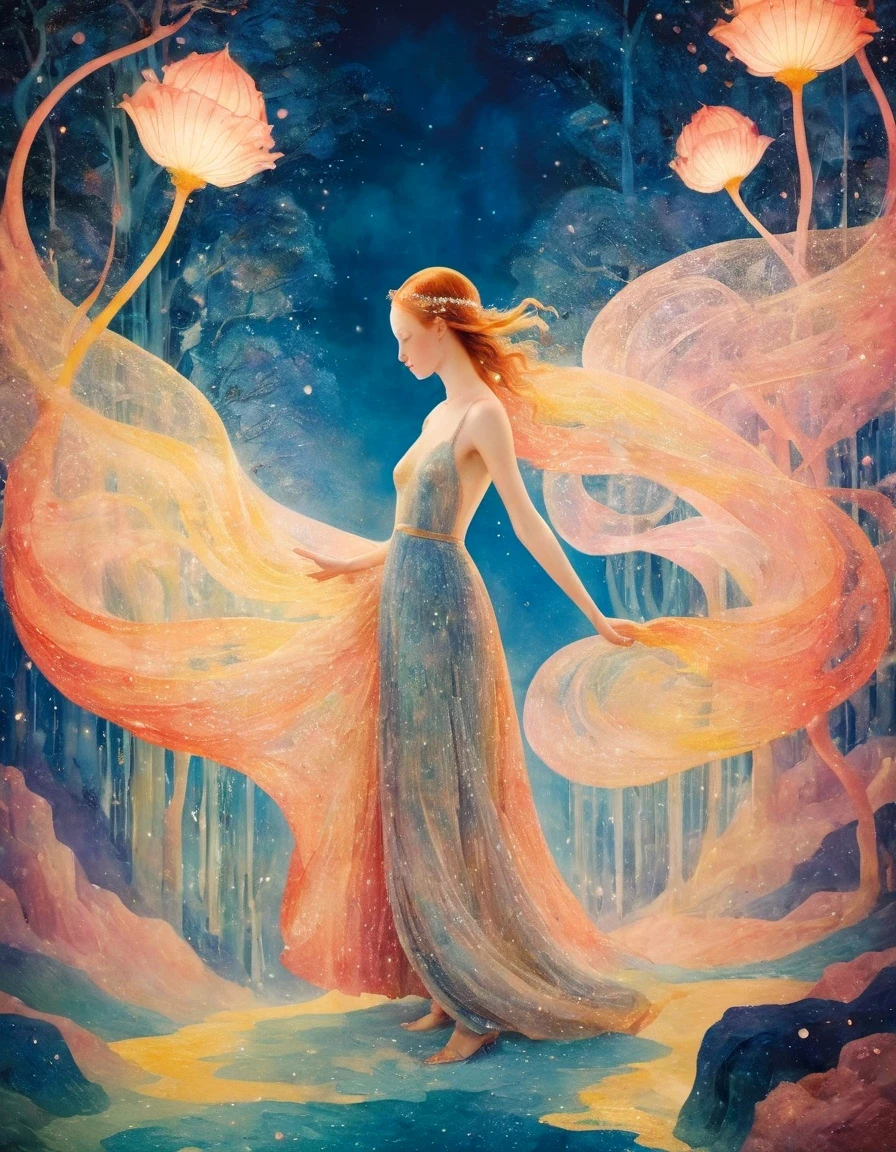 in style of Marie Laurencin, beautiful details，1 Beautiful girl standing in glowing text waves，Beautiful surreal,   magic, orientalisme, (Kay Nielsen's (Kay Nielsen) Illustrations drawn by Ryan McGinley (Pipilotti Rist))