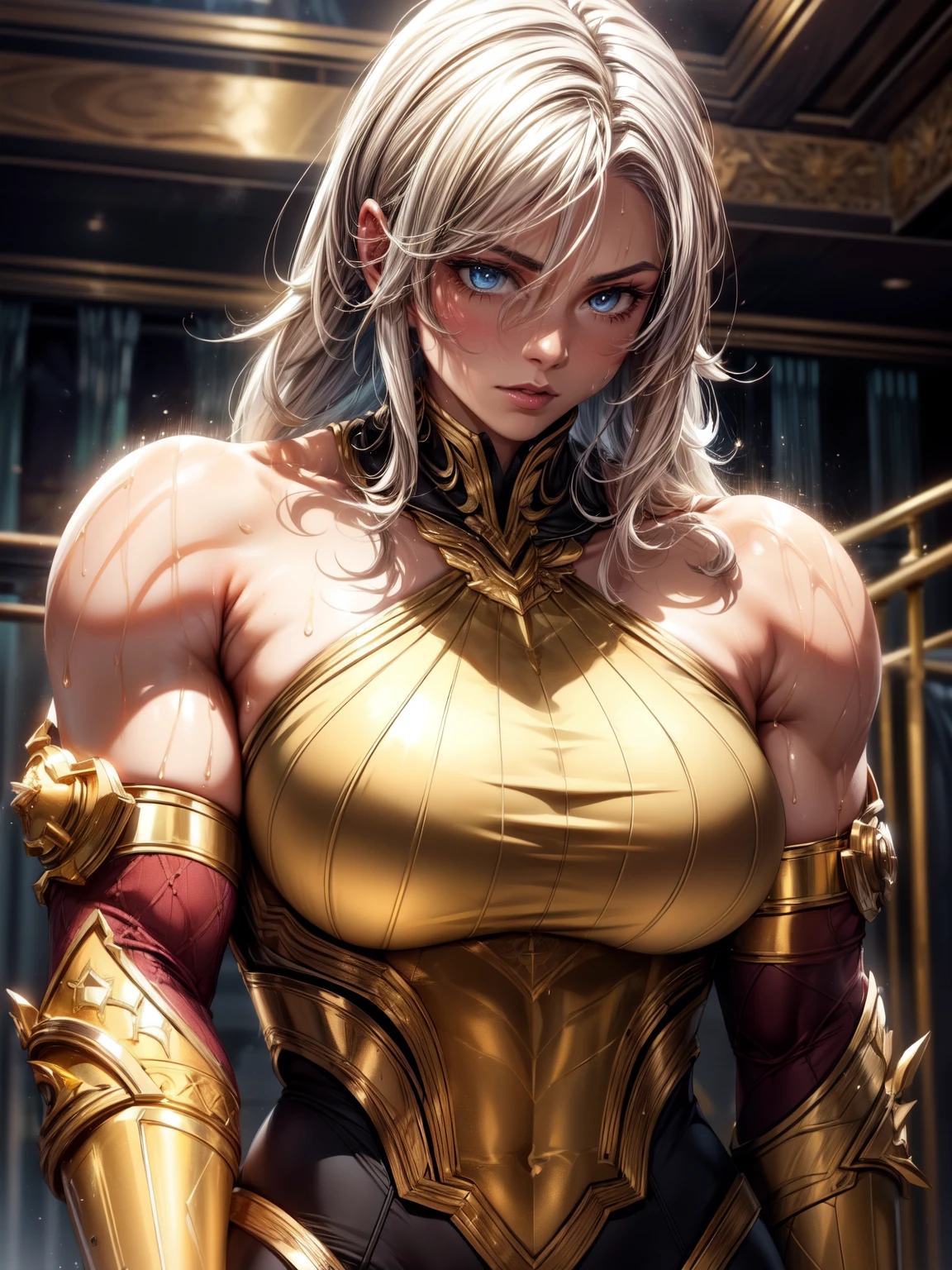 upper body, gold color, (extremely detailed CG unity 8k wallpaper,masterpiece, best quality, ultra-detailed), realistic illumination, realistic shadows, muscular and ripped, tight white gym clothes, intricate and complex detailing,short and tousled burgandy hair, droplets of sweat, sweaty gym atmosphere.
