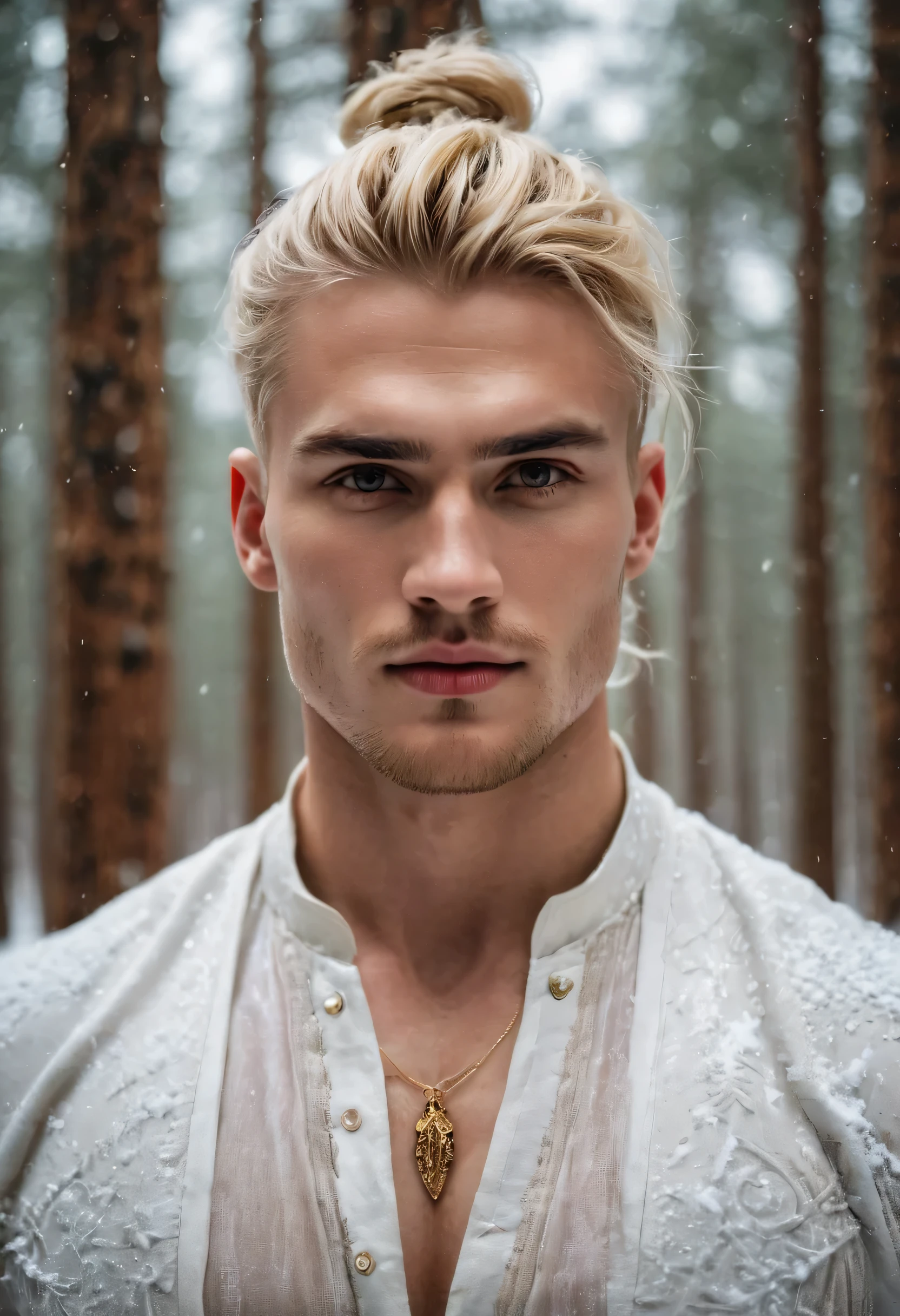 RAW photo, (full body), handsome young man, 25 years old, of a god clothes like a lord with ruby glue Norse warrior wizard, details golden hair, red eyes, reddening lips, white skin 8k, photorealism, in a pine forest, snow in a snowy forest setting, Czech man, shirt, beautiful symmetrical face open red eyes, (huge chest, pectoral muscles), a figure with a narrow waist and broad shoulders, short blond hairstyle with a man bun, ((art)), ((best quality)), 8k, highly detailed, ultra detailed, neutral expression, elegant pose, real skin texture, cinematic lighting, (full body shot), (Natural Posture: 1,2), (detailed beautiful skin: 1.2), (beautiful face detailed: 1.2), textured skin, (face and eyes detailed: 1.3)