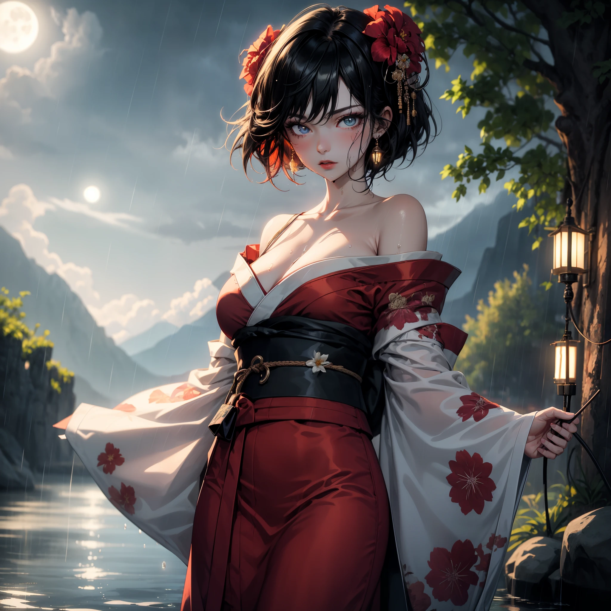 1girl, breasts, moon, lantern, night, solo, large breasts, hair ornament, wet, kimono, japanese clothes, wading, water, hair flower, flower, outdoors, sky, full moon, rain, black hair, off shoulder, mountain, cloud, holding, sash, bare shoulders, paper lantern, standing, white kimono, night sky, sideboob, obi, wet clothes, bangs, tree, from side, reflection, short hair, cloudy sky, wet hair (((masterpiece),(extremely detailed CG unity 8k wallpaper),best quality,,solo,1girl,cinematic lighting,detailed background,beautiful detailed eyes,bright pupils, (an extremely delicate and beautiful),(Beautiful and detailed eye description)， ultra-detailed,masterpiece,)),