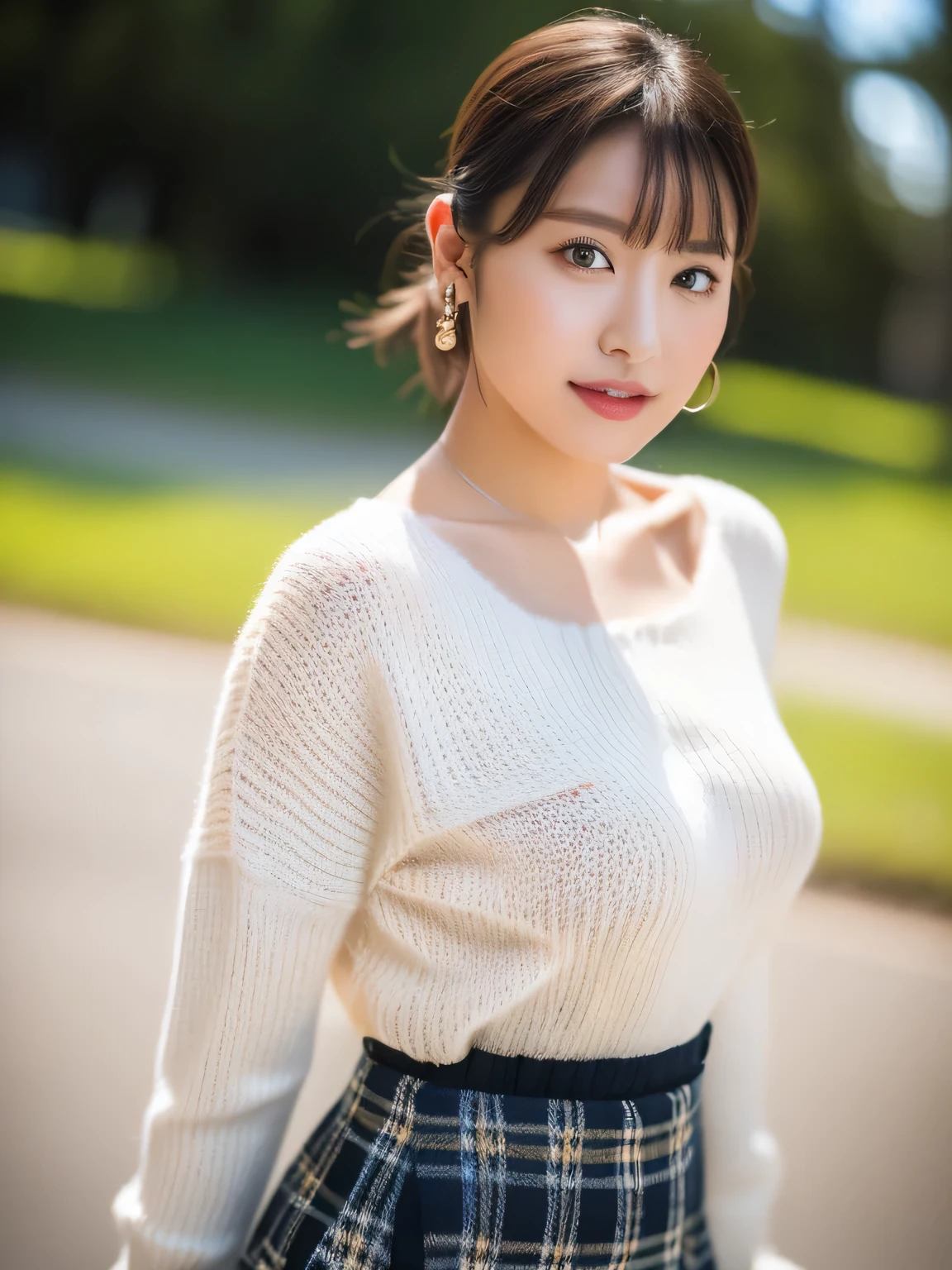 ((highest quality, 8K, masterpiece :1.3)), (realistic, Photoreal:1.4), sharp focus：1.2, 
Bright colors, professional level, shallow depth of field, 
20-year-old, 1 person, A beautiful face with intelligence, 
Supple body :1.3, model body shape:1.5, 頭w:1.4, perfect style：1.4, 
narrow shoulders, beautiful clavicle, long and thin legs, The beauty of slim abs :1.2, thin waist :1.2, 
super detailed skin, Fair skin, Shiny skin, 
super detailed face, slim facial contour, beautiful small face, Beautiful lined nose, 
super detailed eyes, long slit eyes, brown eyes, double eyelid, beautiful thin eyebrows, fine long eyelashes, 
super detailed lips, plump lips, glossy pink lips, flushed cheeks, beautiful teeth, 
Beautiful actress&#39;s ennui makeup, pink lipstick, (necklace, earrings), 
milk greige hair, delicate soft hair, 
(hair up, medium short hair, ponytail:1.2), layer cut, (dull bangs:1.2), 
(Dress up with trendy fashion:1.2), 
gentle smile, open mouth half way, Enchanted expression, stare at the camera, 
dynamic lighting, ((Hasselblad Photos)), 

((She is completely naked and is wearing a tight white sweater with a plaid pattern made of knit fabric.:1.3)), 
((I&#39;m wearing a peplum skirt:1.3)), 
(perfect breast shape, B cup:1.2), It is a small pale pink areola., slouch, 
She has a cute plump butt, My thighs are dazzling, 
(View from the front, pay attention to the ankles, full body portrait:1.5), 

blue sky and aegean sea, sea beach, The horizon of the ocean spreading out in the background, 
walking with beautiful posture, 
Posing with palms like a , spreading my legs, 
cinematic lighting, midsummer rays, Bright light shining all over, 
