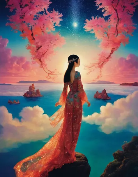 1Beautiful girl standing in the waves of Glowing text，Glowing text，Beautiful surreal,   magic, orientalisme, Illustrations by Ka...
