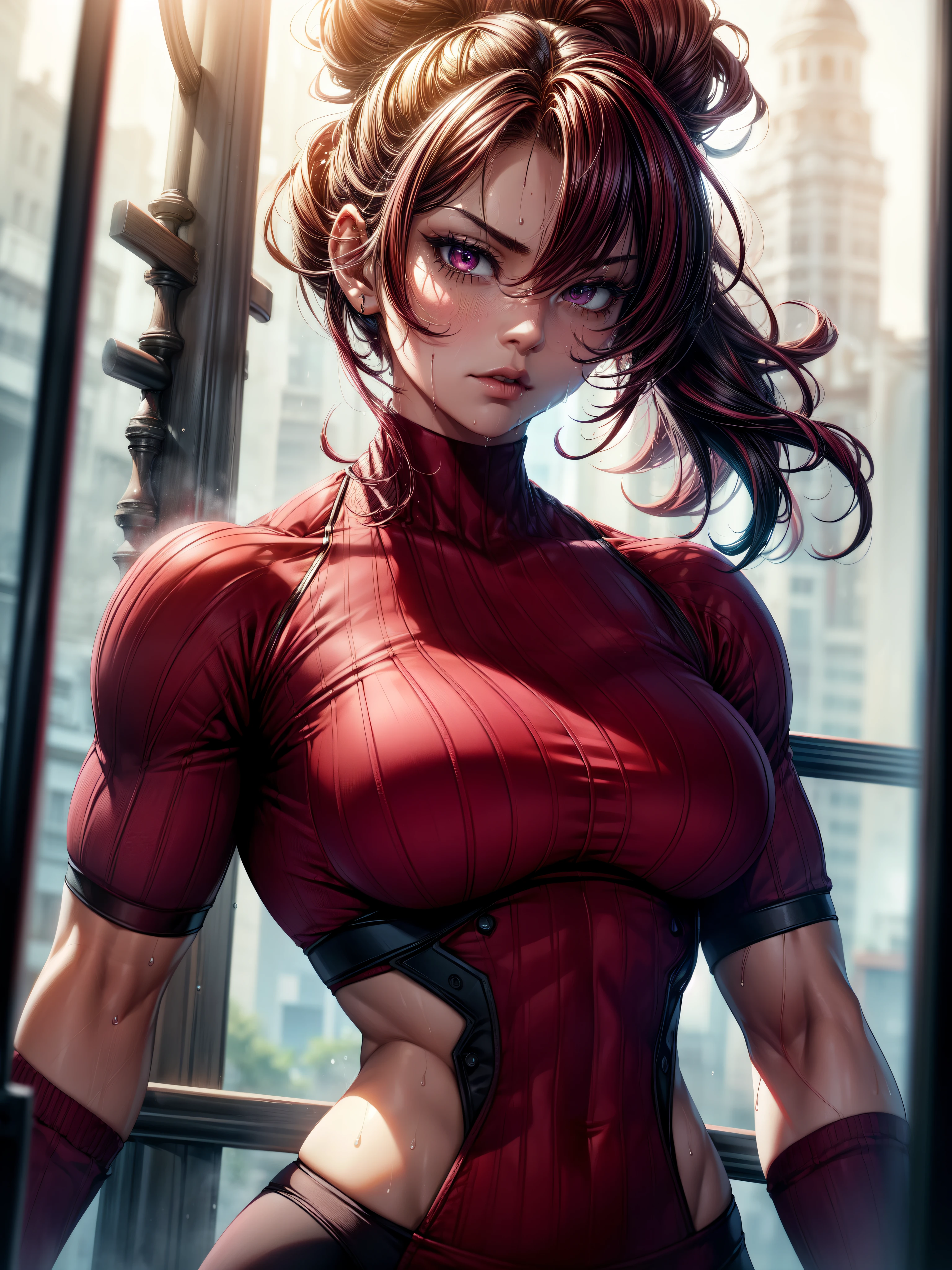 burgandy color, (extremely detailed CG unity 8k wallpaper,masterpiece, best quality, ultra-detailed), realistic illumination, realistic shadows, muscular and ripped, tight white gym clothes, intricate and complex detailing,short and tousled burgandy hair, droplets of sweat, sweaty gym atmosphere.
