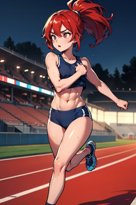 masterpiece、8k、beautiful girl,athletics stadium at night、sunny,track and field athlete,running in a hurry,clearly depict the con...