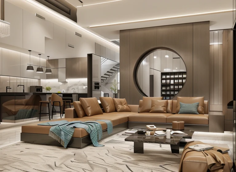 modern living room and kitchen interior design in a villa, ultra-realistic, super high quality render, 8k